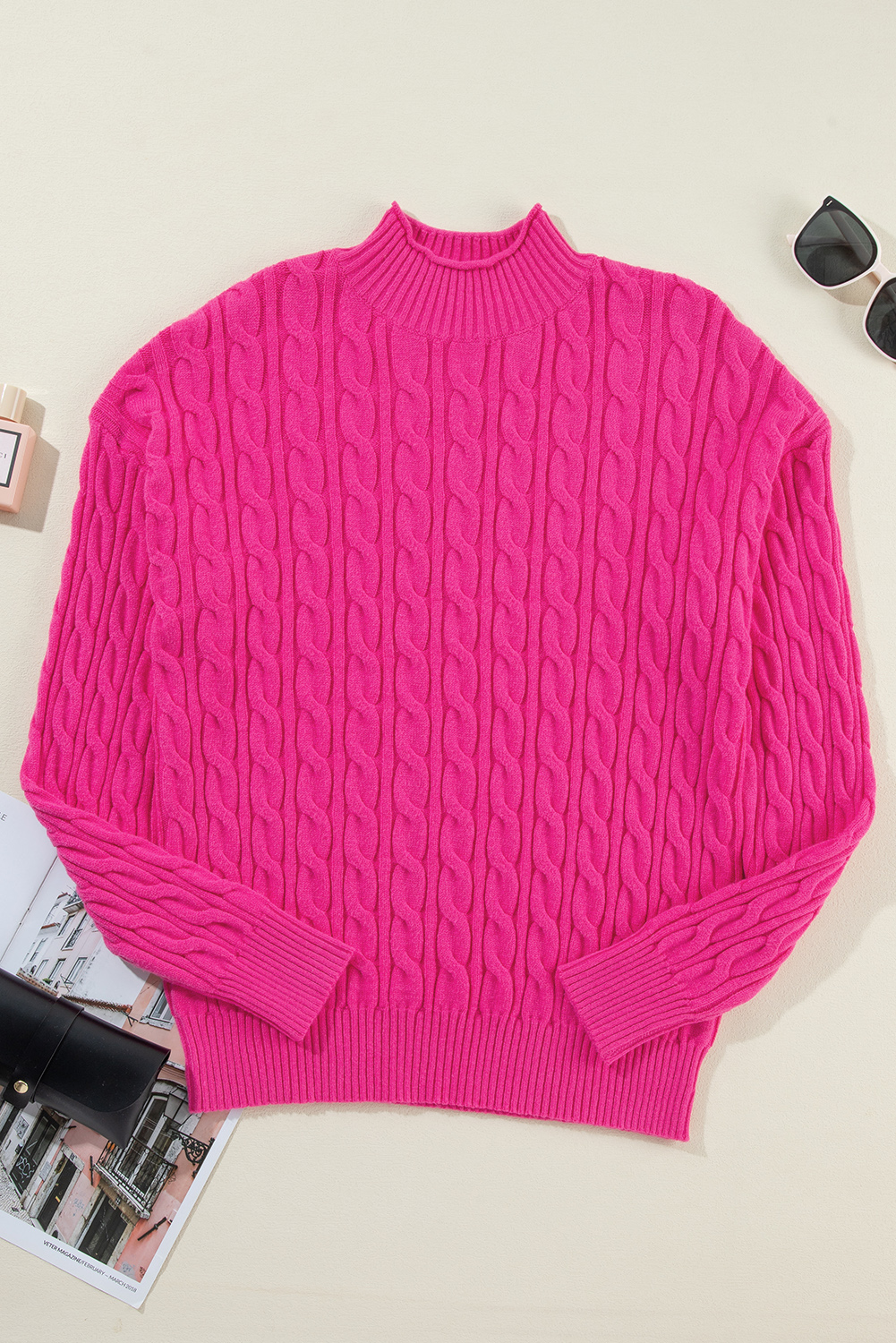 Rose Red Solid Cable Knit High Neck Drop Shoulder Sweater - loveforevers
