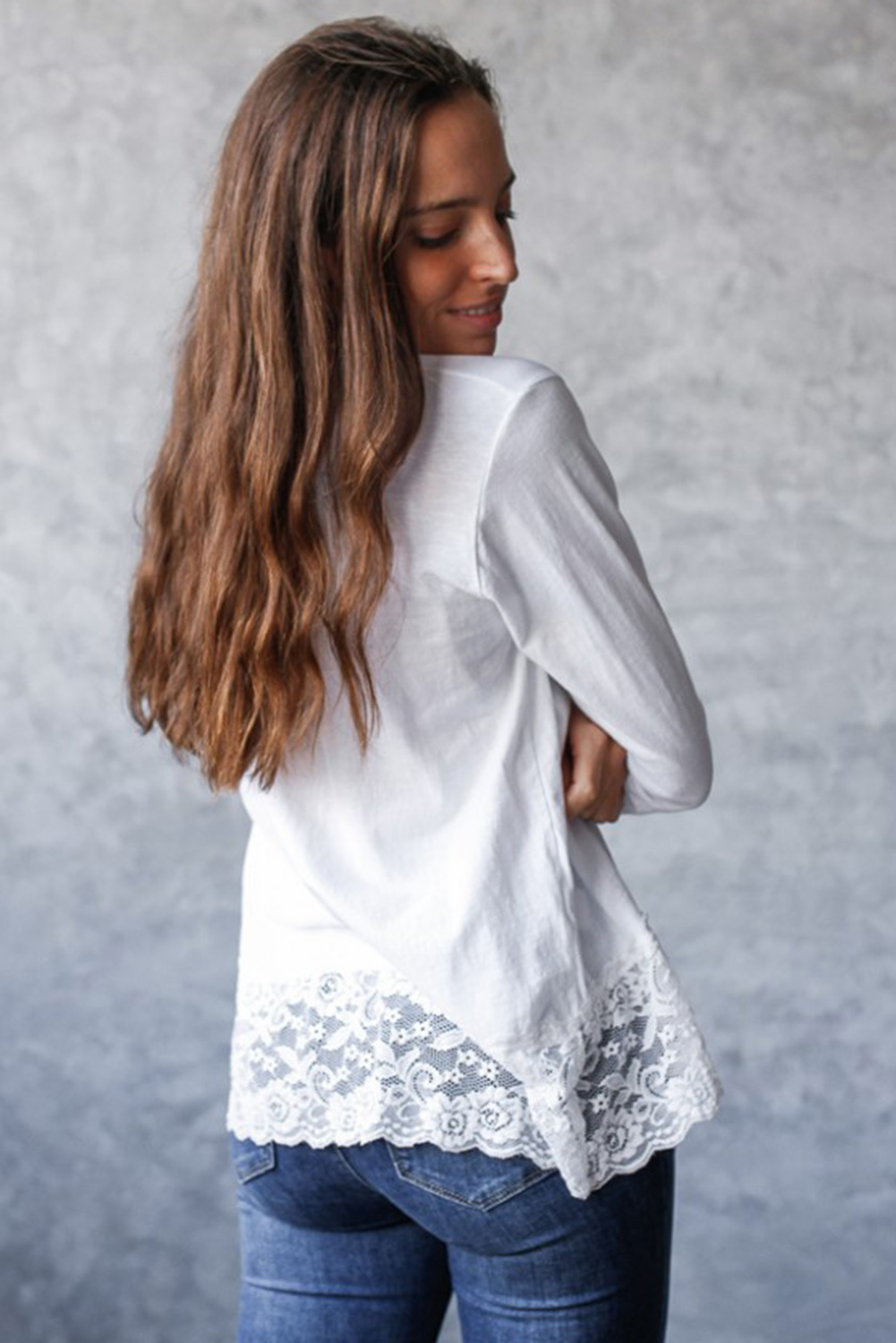 White Lace Trim V Neck Cuffed Long Sleeve Loose Top - loveforevers