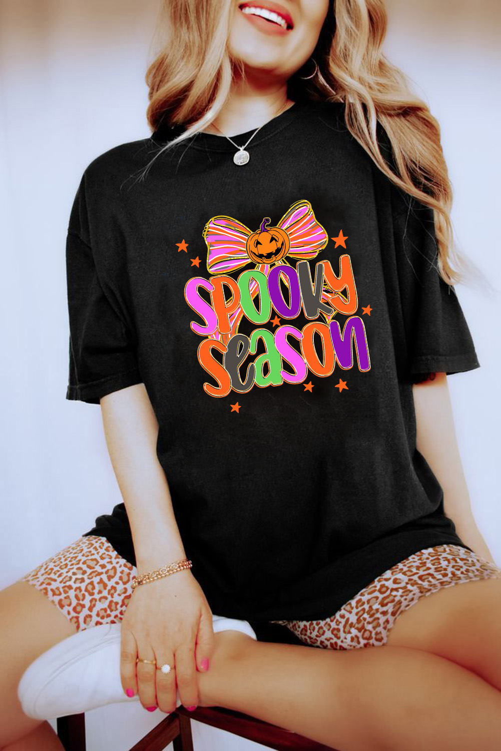 Black SPOOKY SEASON Halloween Pumpkin Bow Print T Shirt - loveforevers