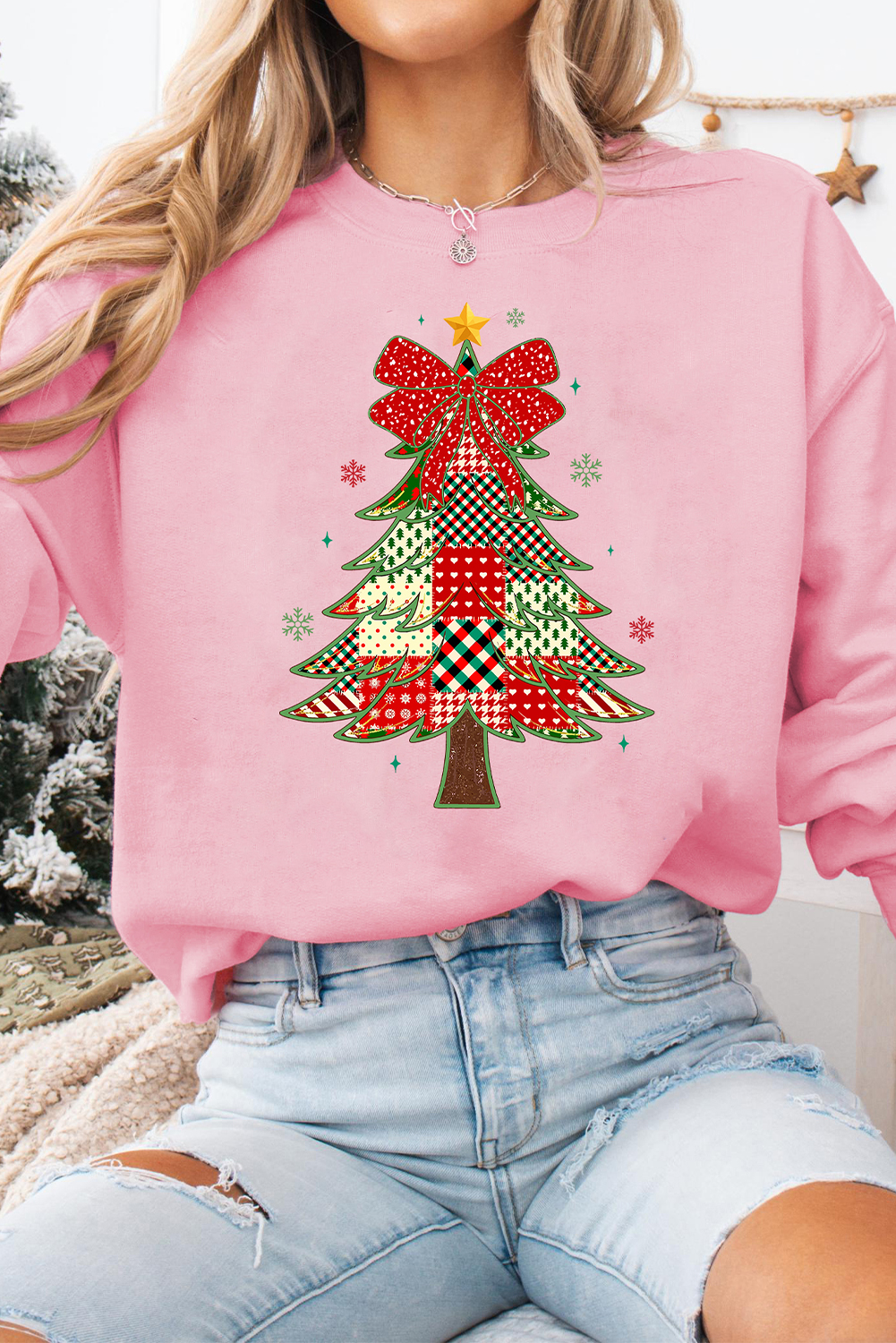 Pink Multi-pattern Checkered Christmas Tree Womens Drop Shoulder Sweatshirt - loveforevers