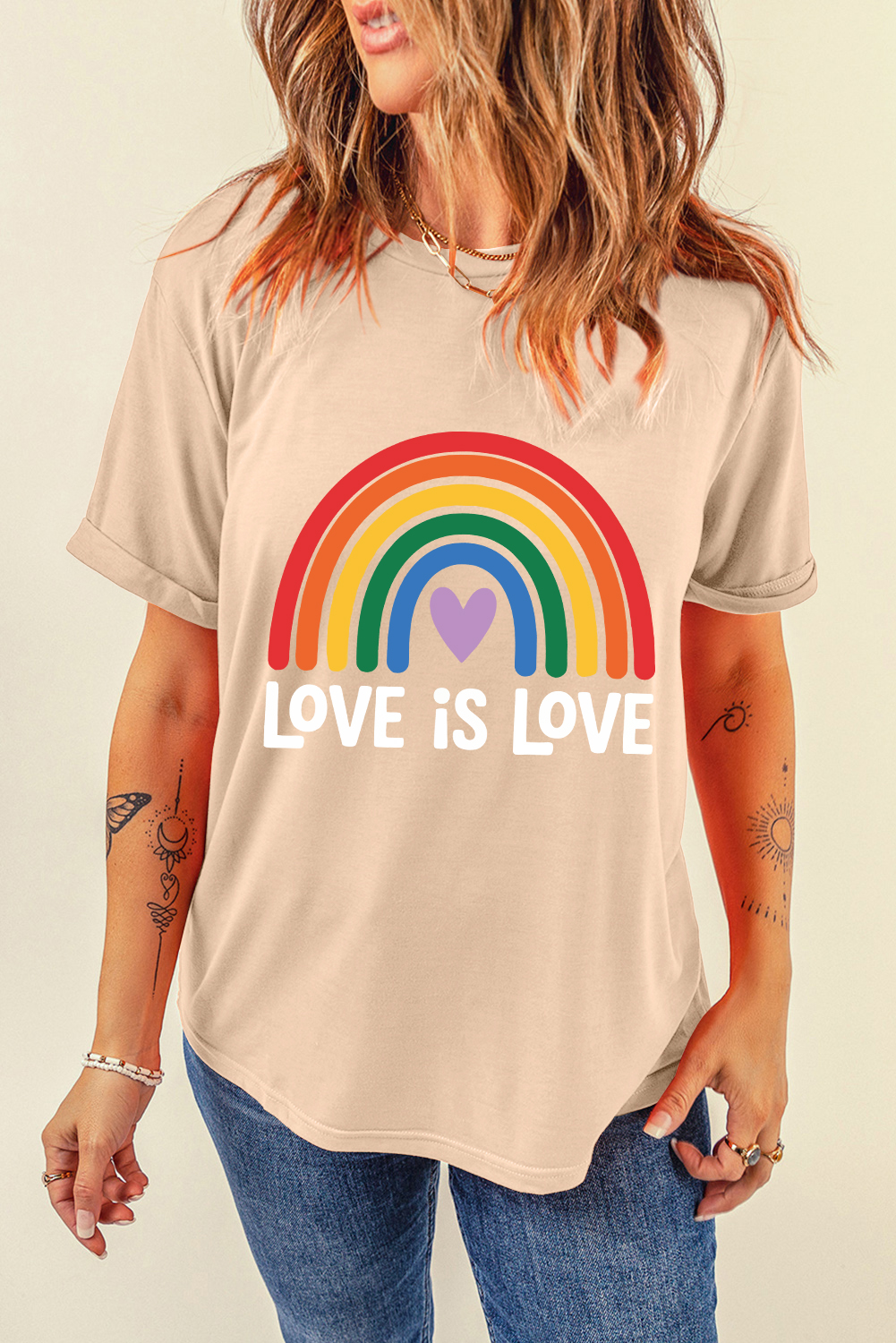 Khaki Love is Love Rainbow Heart Printed Cotton Blend T Shirt - loveforevers