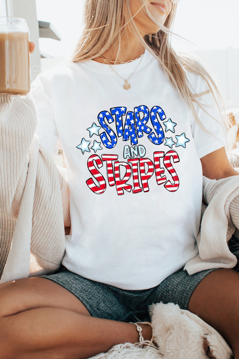 White Stars and Stripes Round Neck Graphic T Shirt - loveforevers