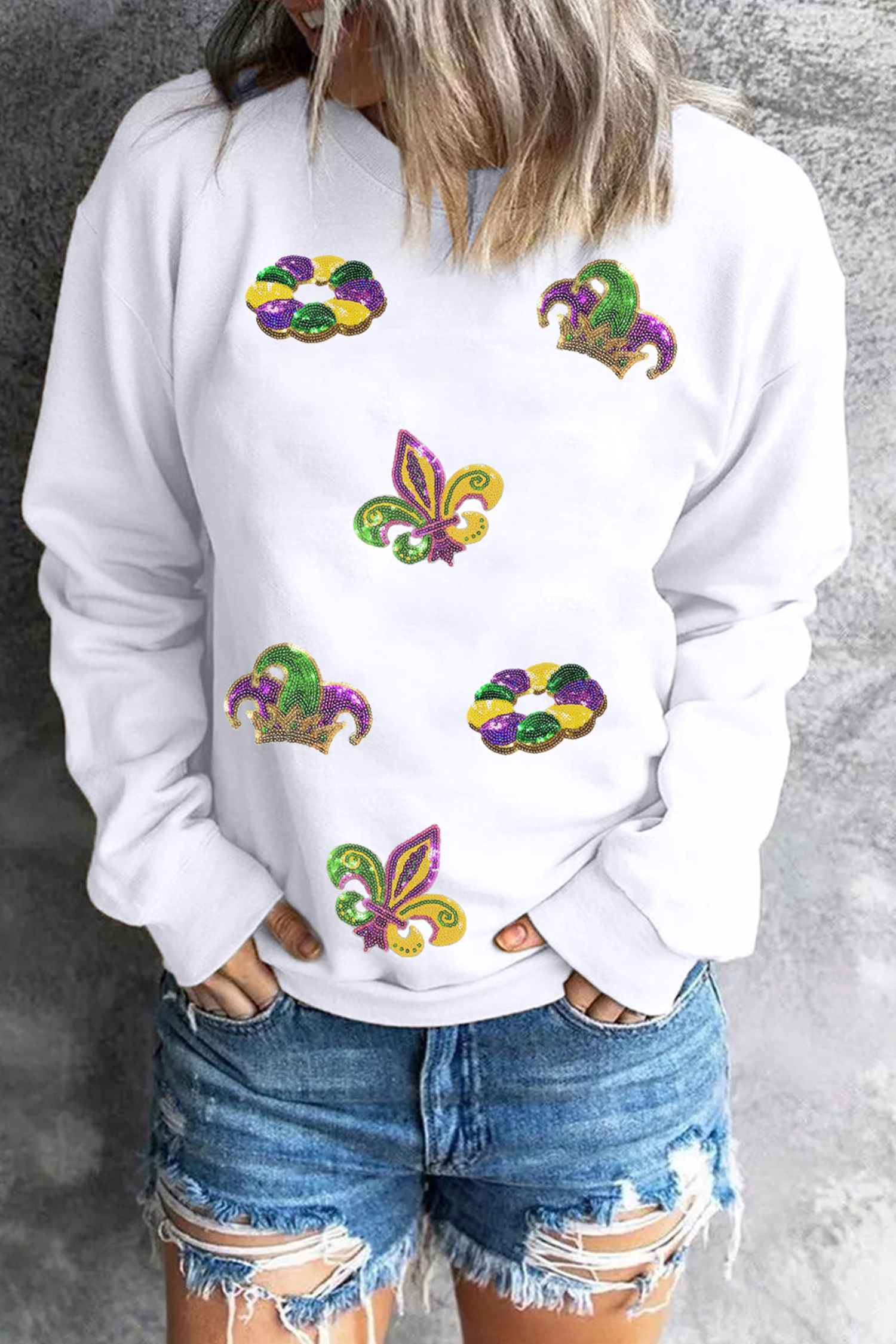 White Mardi Gras Sequin Crown Fleur De Lis Pullover Sweatshirt - loveforevers