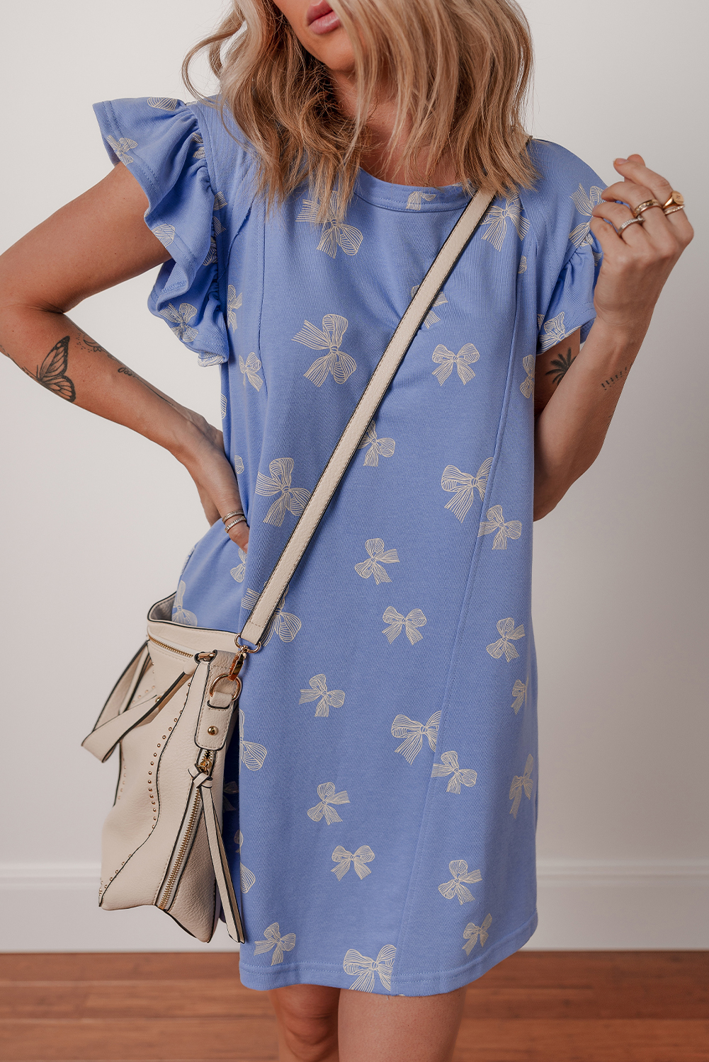 Sky Blue Bow Knot Print Crewneck Ruffled Sleeve Shift Mini Dress - loveforevers