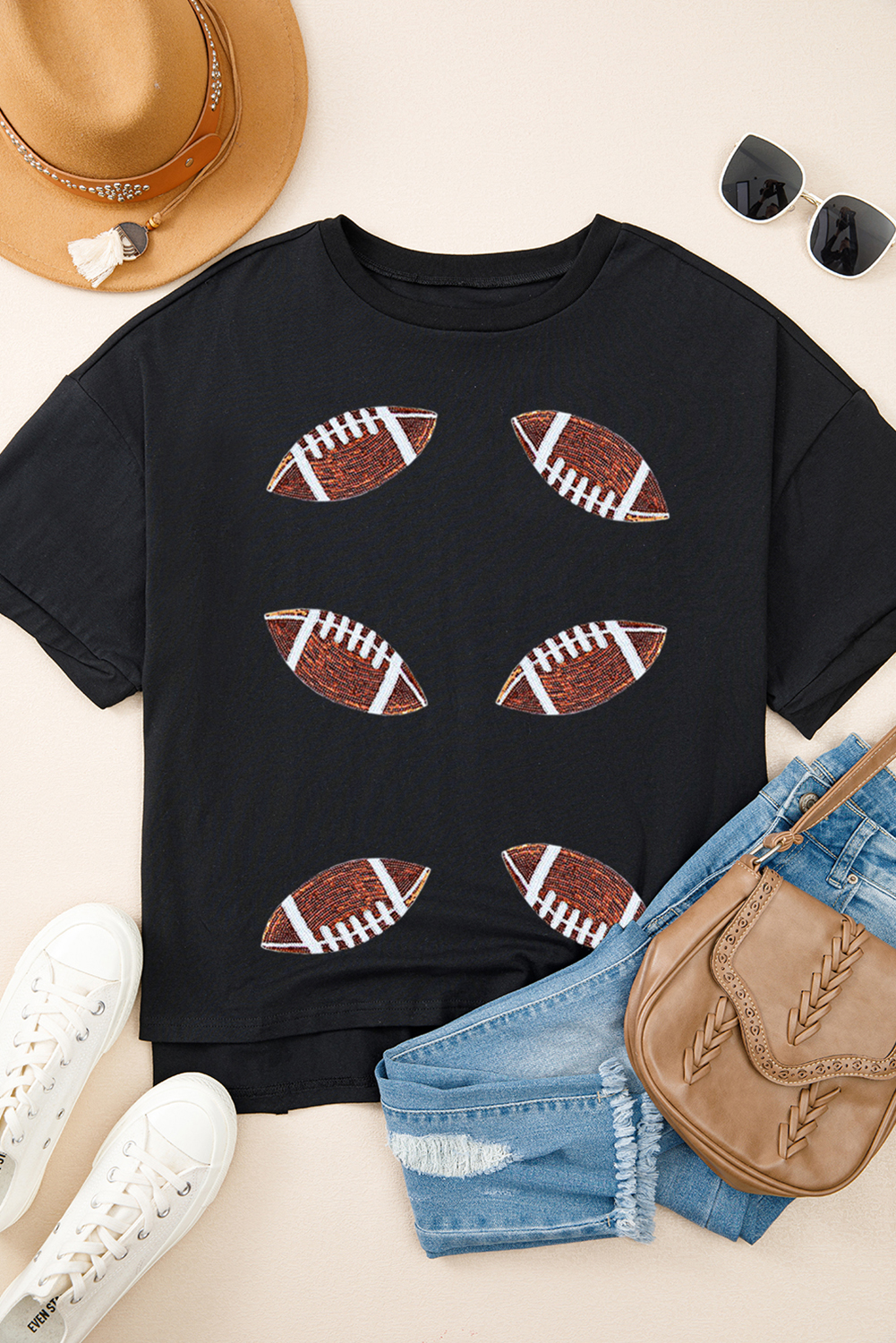 Black Sequin Rugby Football Patched Crewneck Loose T Shirt - loveforevers