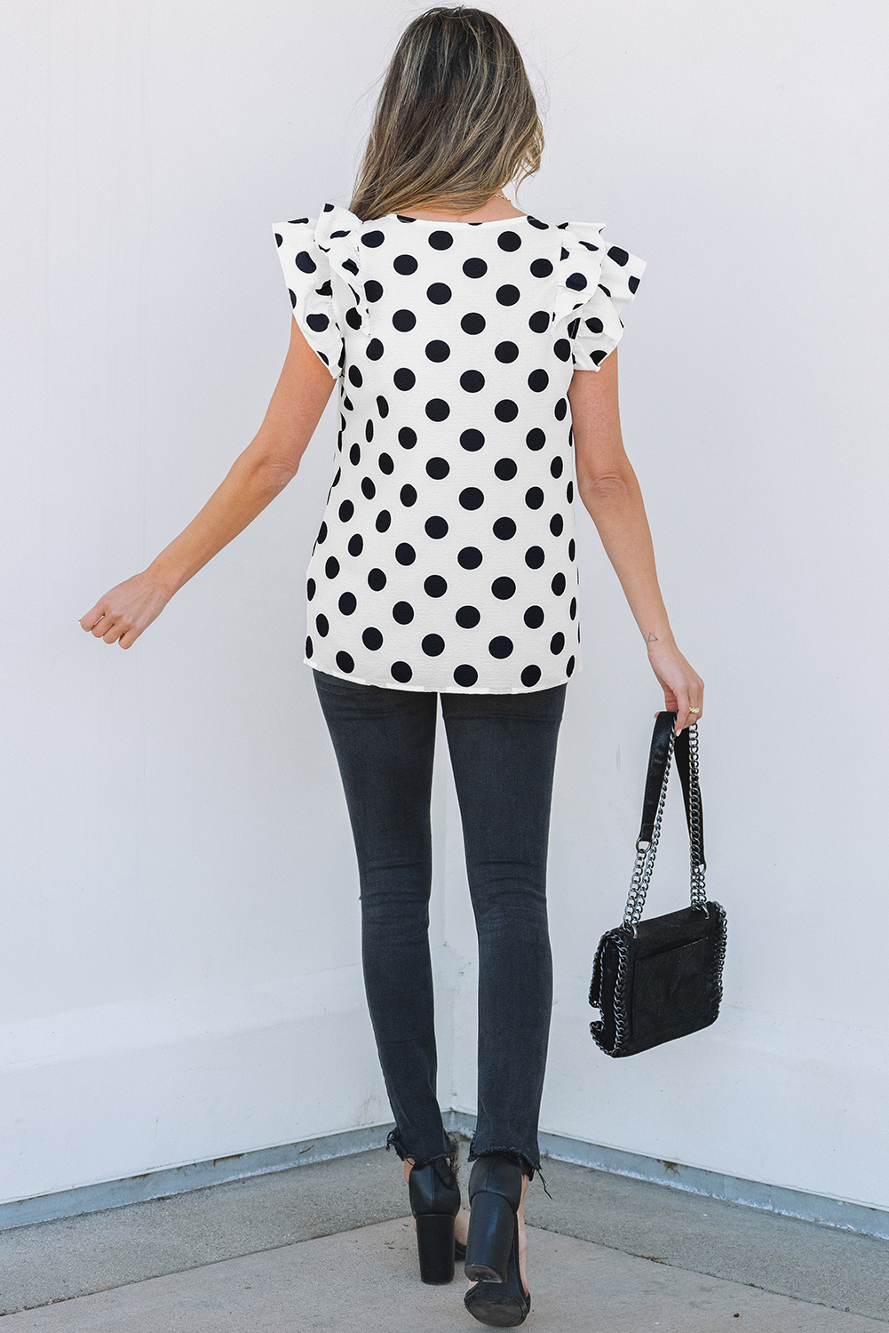 Black Polka Dot Print Ruffled Sleeve V Neck Blouse - loveforevers