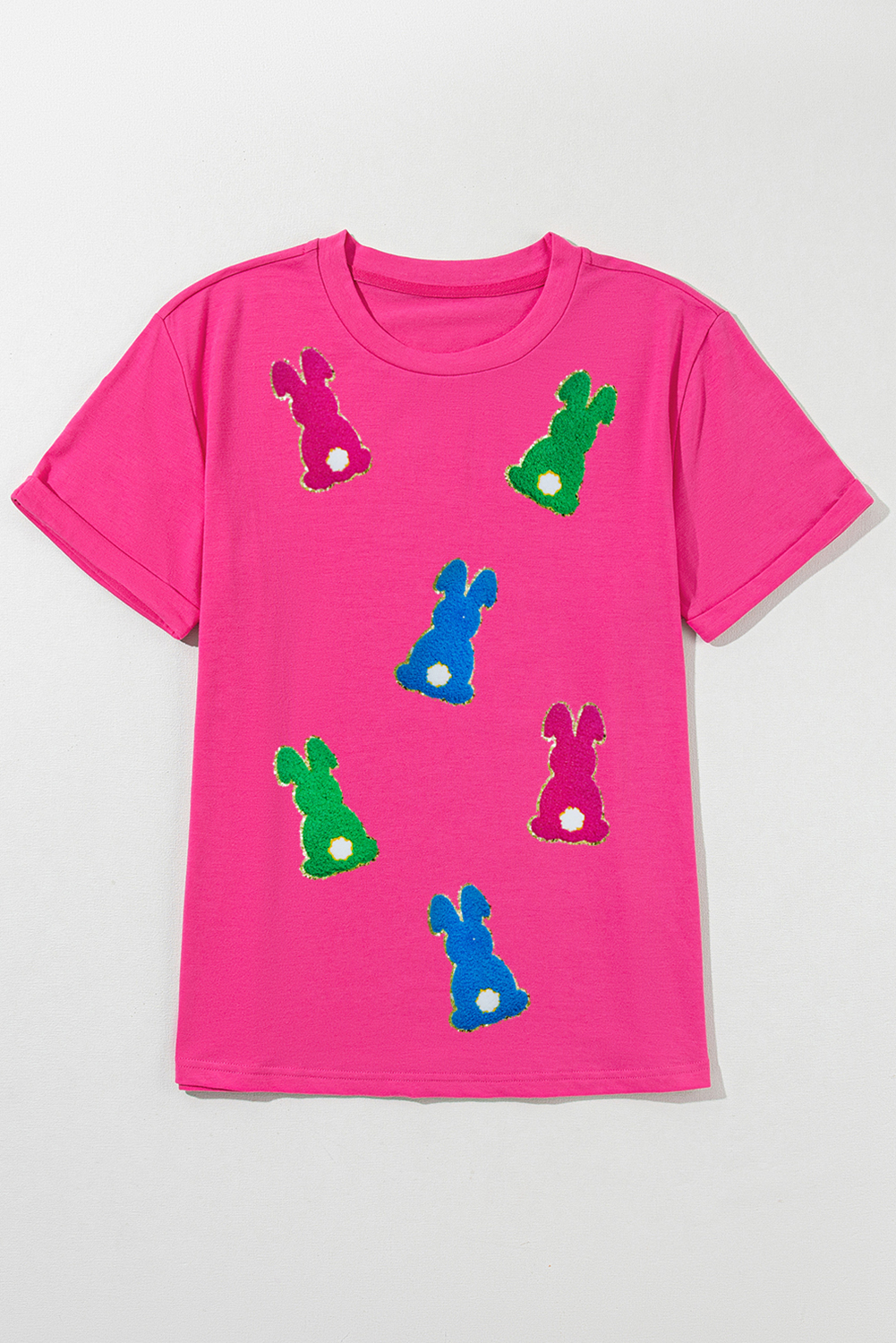 Rose Red Easter Rabbit Chenille Patched Pattern Crew Neck Tee - loveforevers