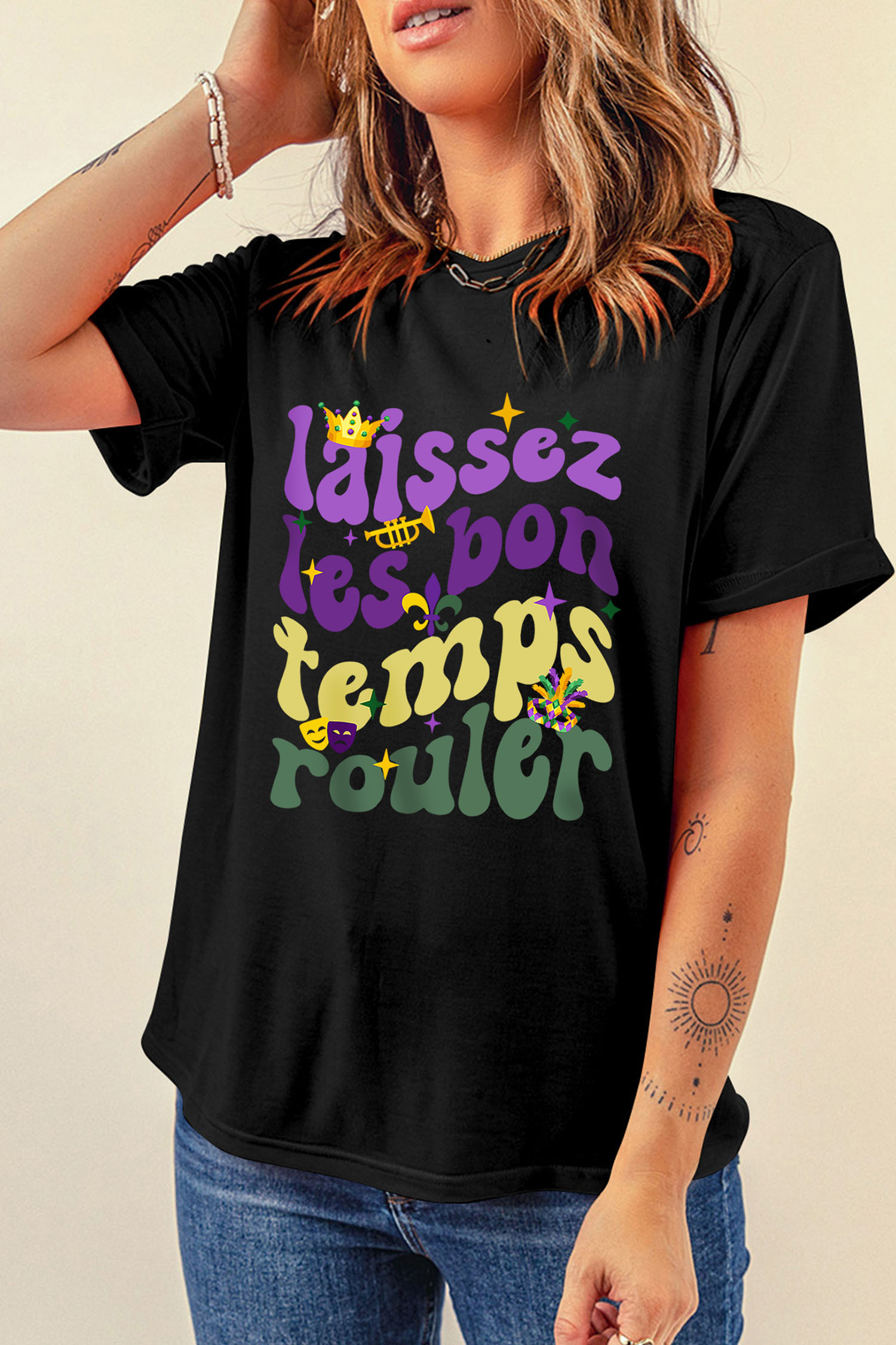 Black Laissez Lesbon Temps Rouler Graphic Mardi Gras Tee - loveforevers