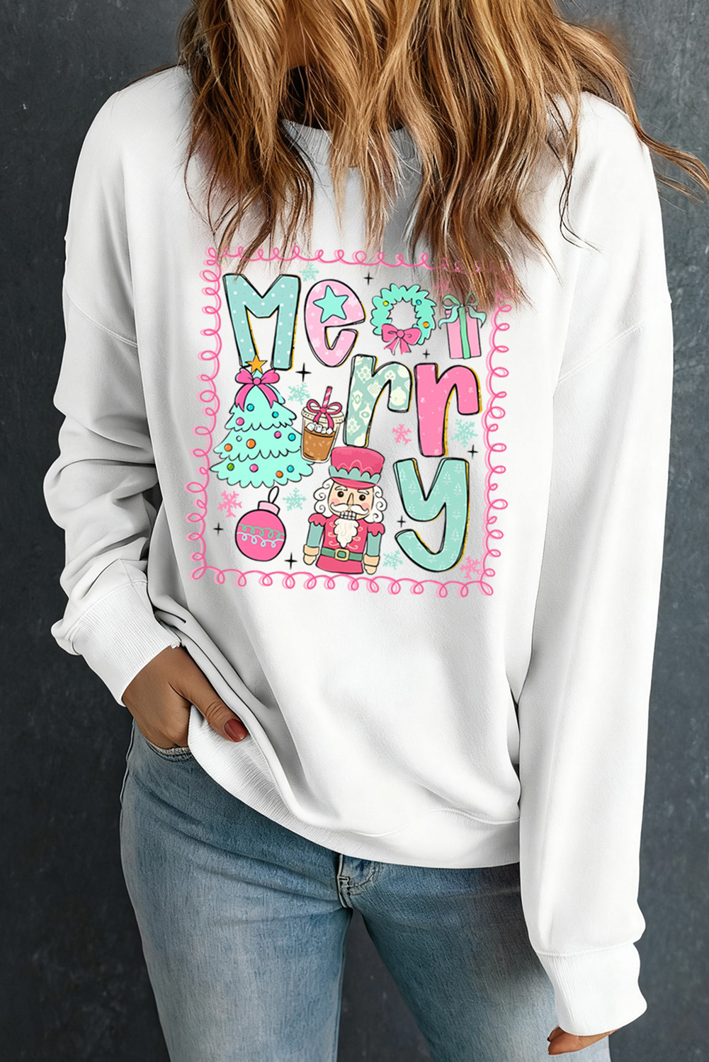 White Merry Christmas Fashion Print Cotton Blend Sweatshirt - loveforevers