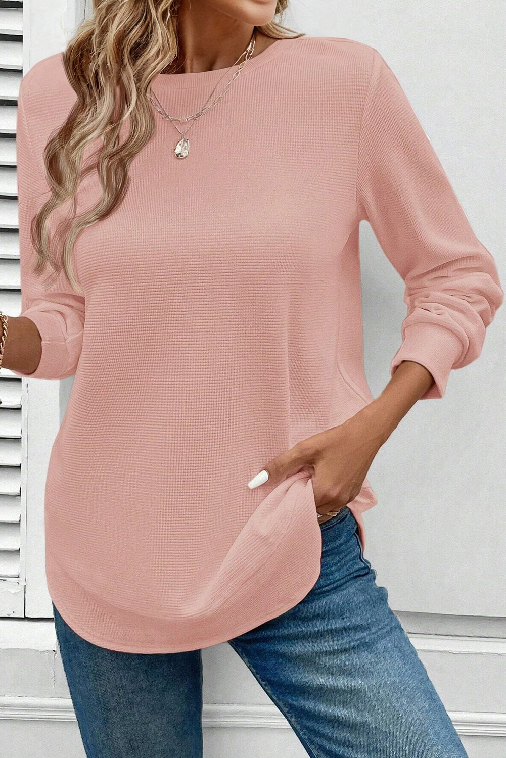 White Rounded Hem Waffle Long Sleeve Top - loveforevers
