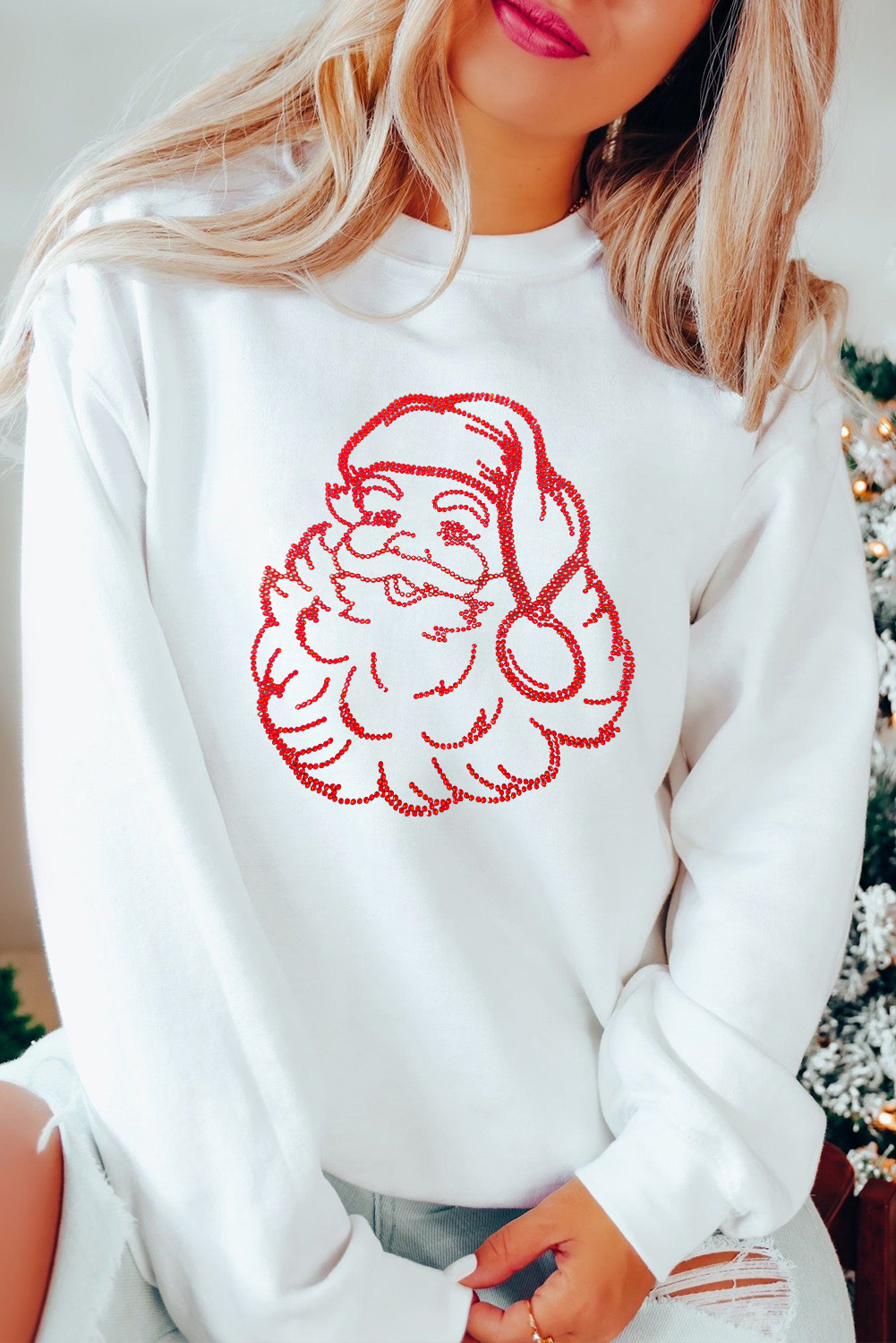 White Father Christmas Rhinestone Graphic Drop Shoulder Sweatshirt - loveforevers