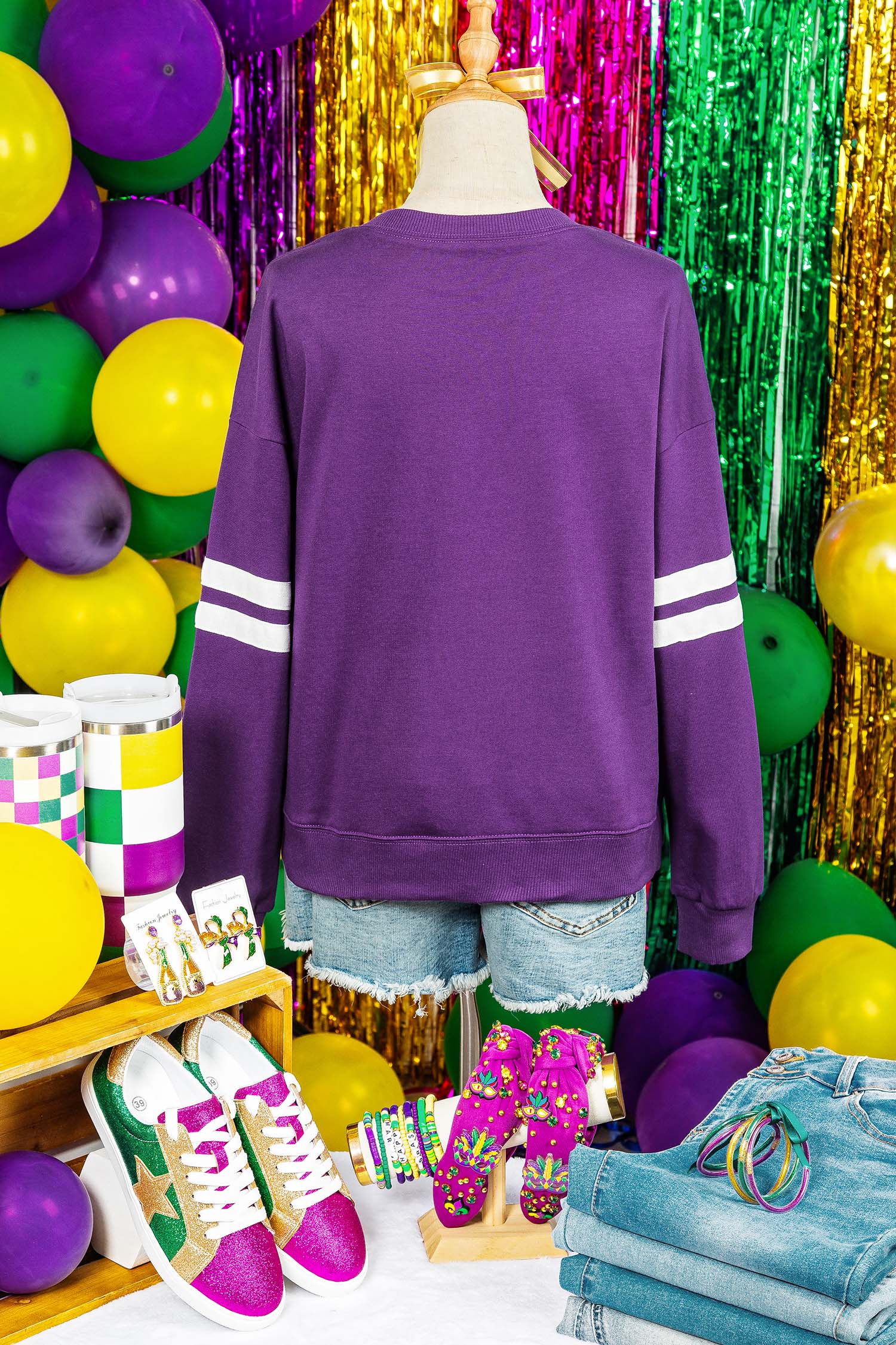Tillandsia Purple Mardi Gras Patched Graphic Varsity Sweatshirt - loveforevers