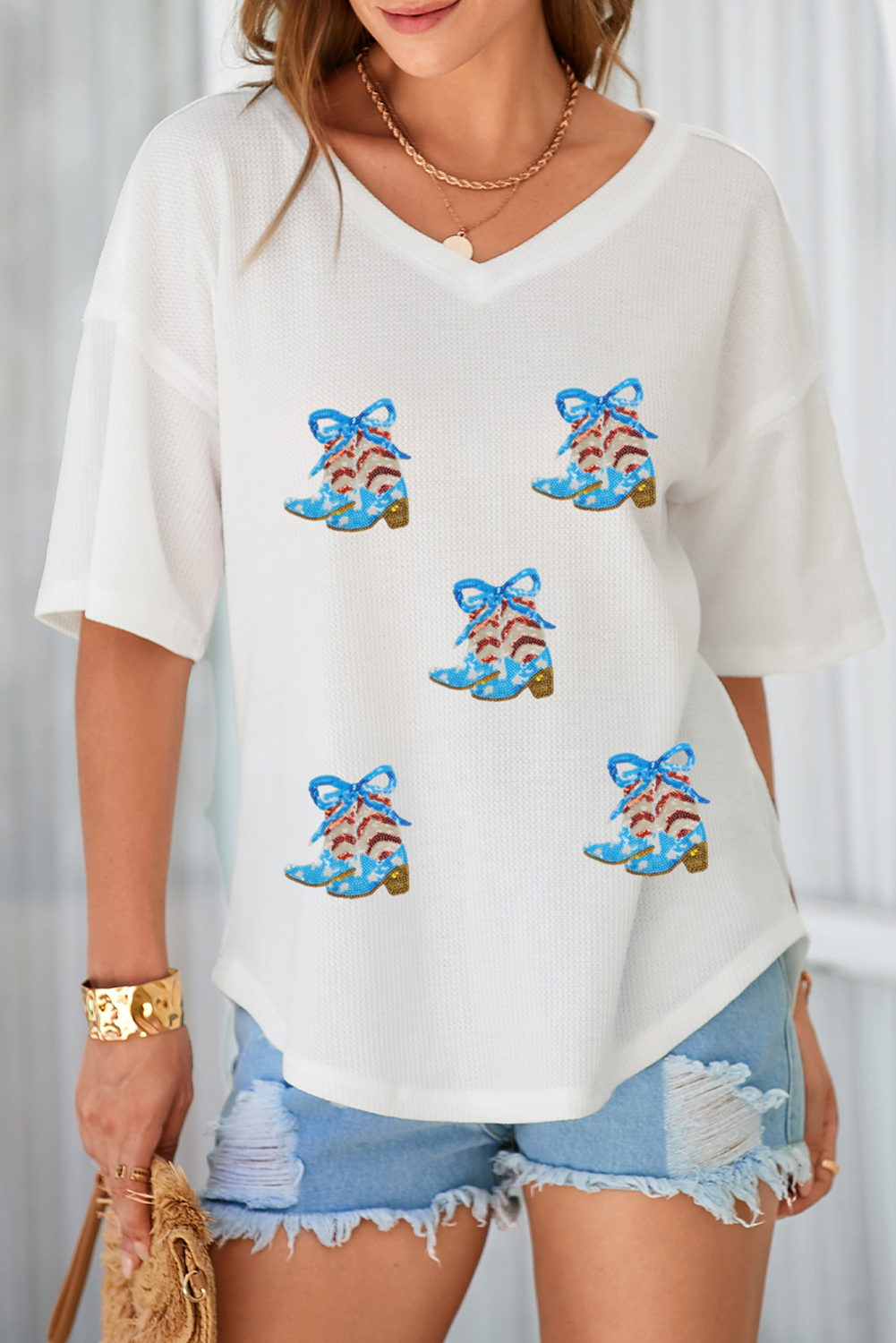 White Patriotic Bow Boots Patched Breathable Texture V Neck Loose Tee - loveforevers