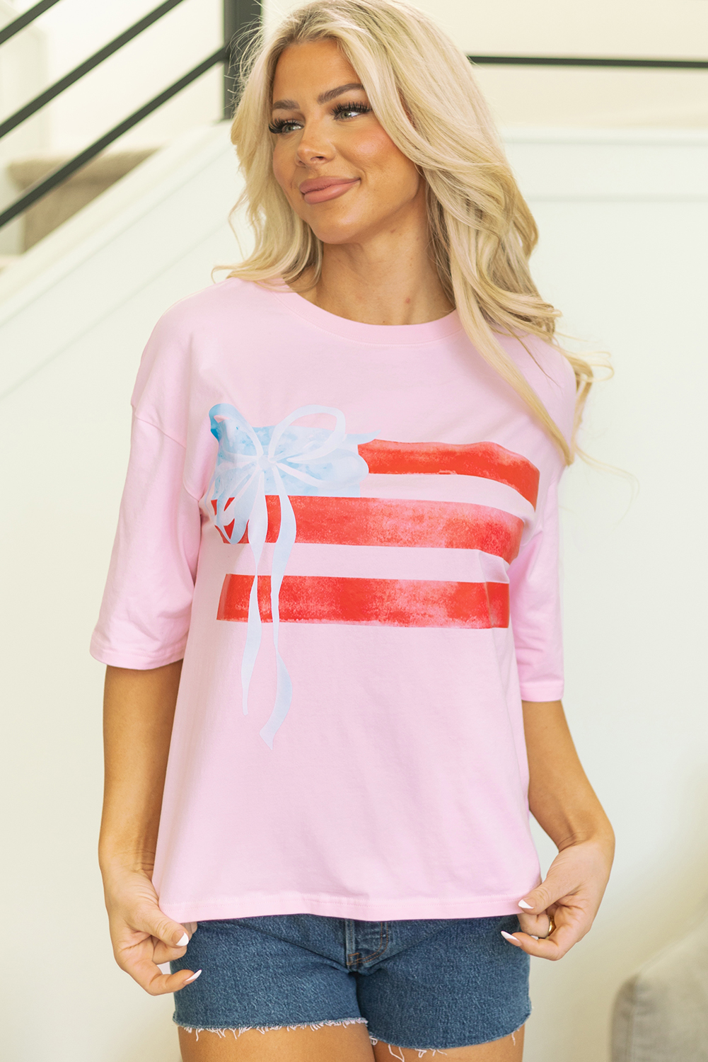 Myosotis Flag Bow Graphic Crewneck Tee - loveforevers