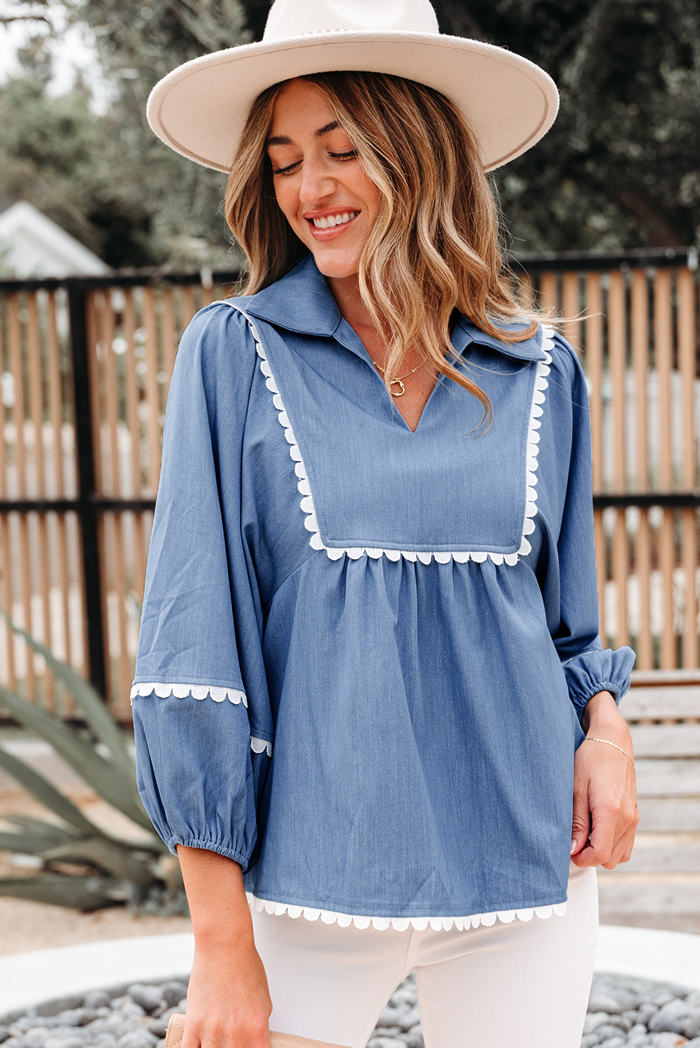 Dusk Blue Lace Ric Rac 3/4 Puff Sleeve Collared Babydoll Blouse - loveforevers