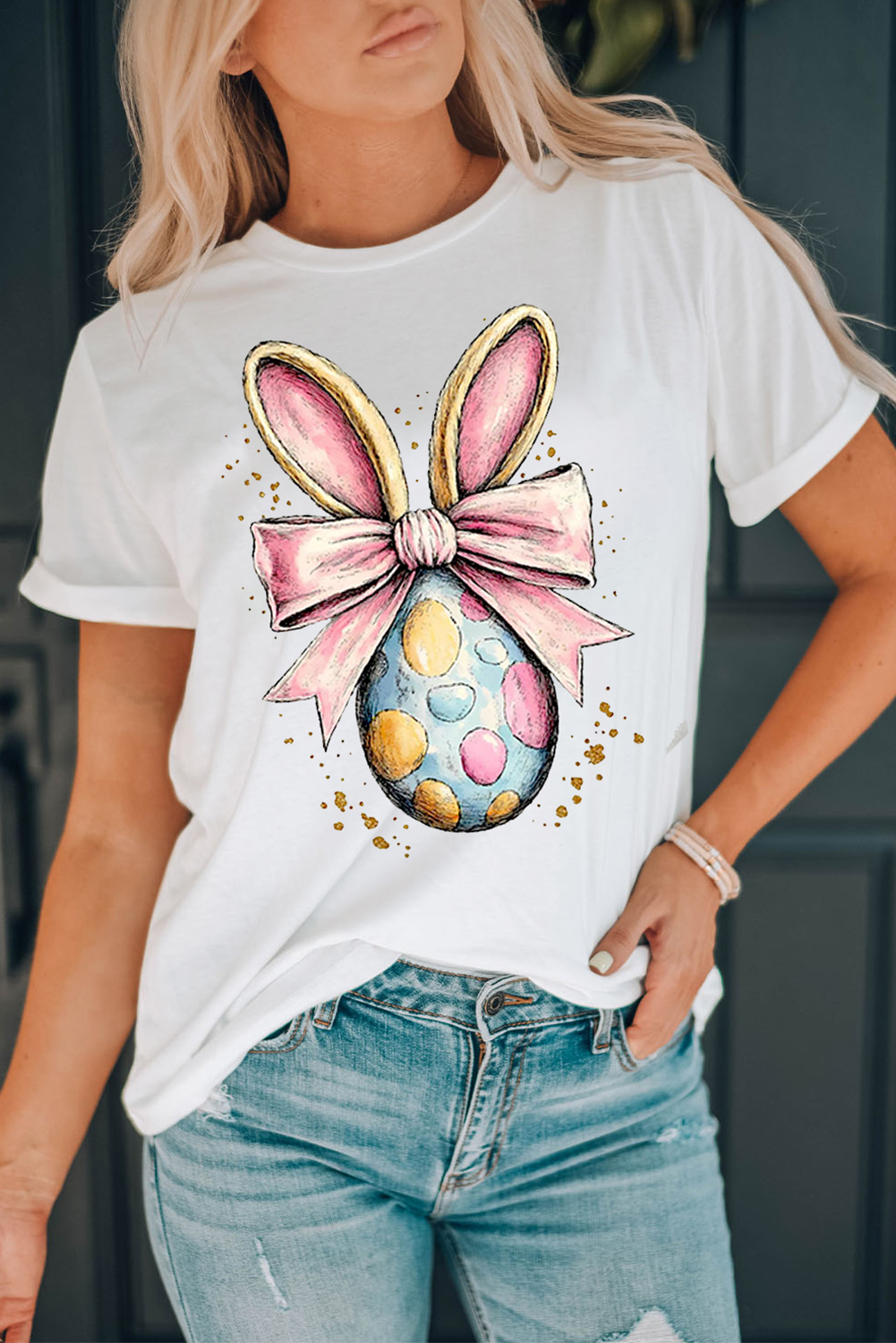 White Easter Egg Bow Bunny Ear Printed T Shirt - loveforevers