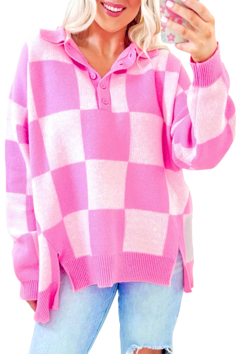 Pink Checkerboard Half Button Collared Drop Shoulder Sweater - loveforevers