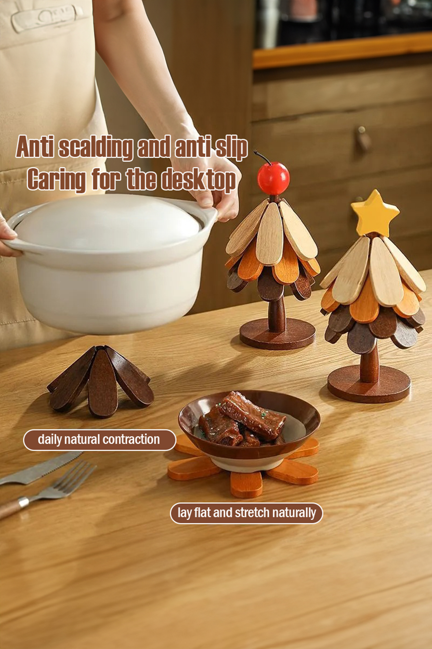 Fiery Red Cherry Wooden Trivets Christmas Tree 5pcs Heat Resistant Coaster - loveforevers