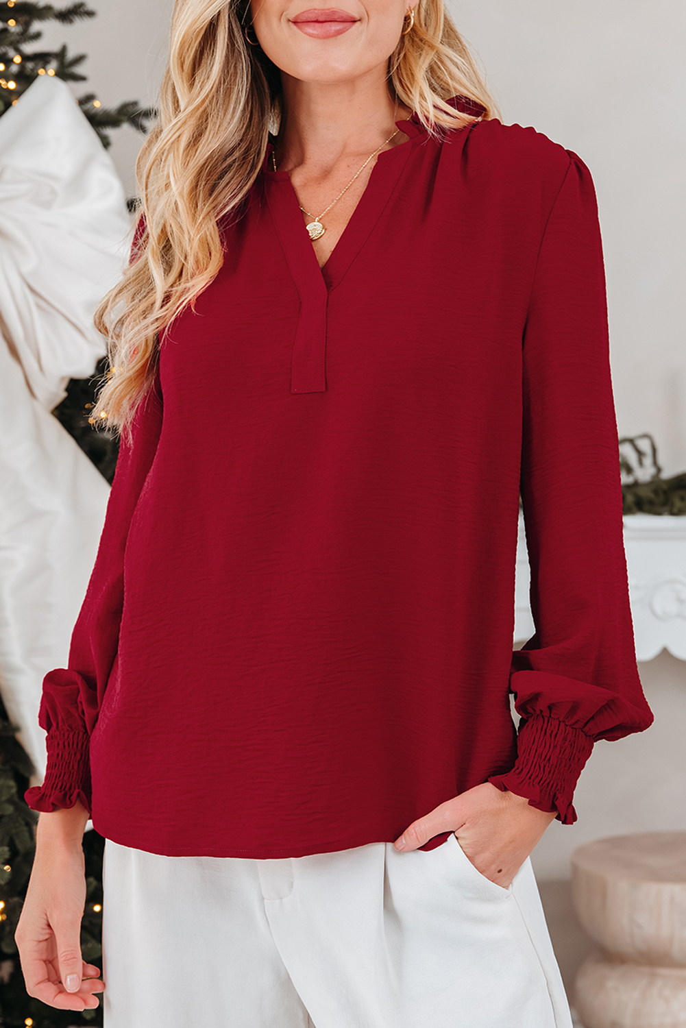 Burgundy Notched Neck Shirred Cuff Long Sleeve Blouse - loveforevers