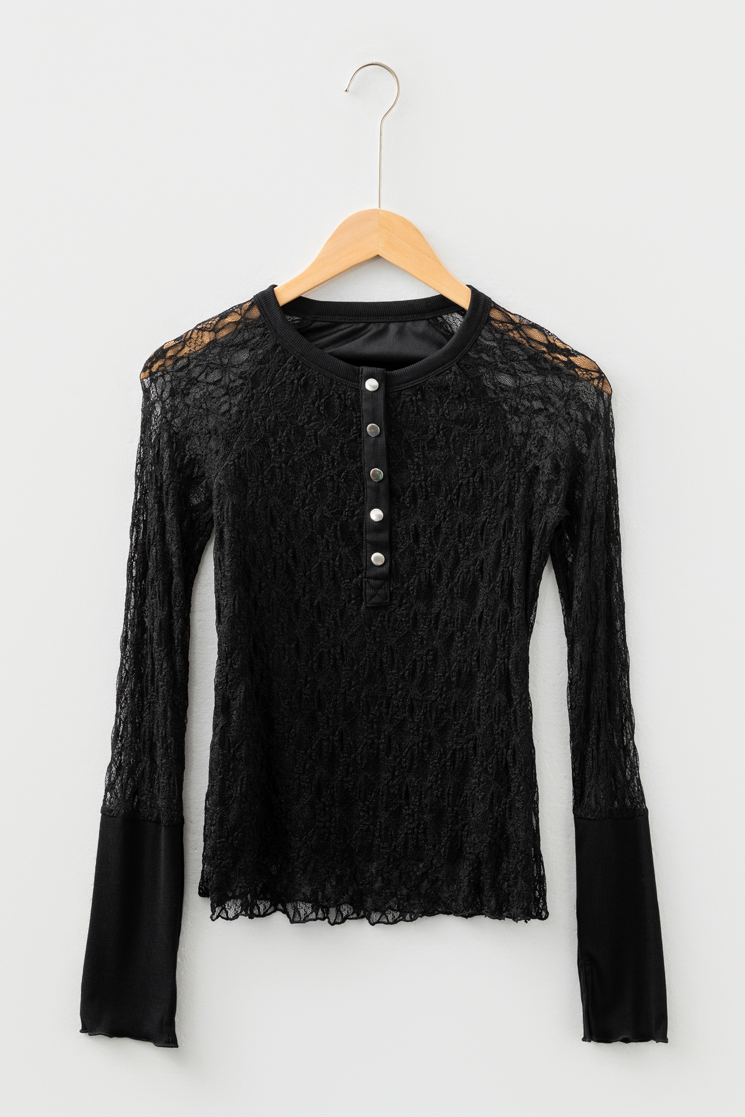 White Sheer Lace Long Sleeve Slim Henley Top - loveforevers