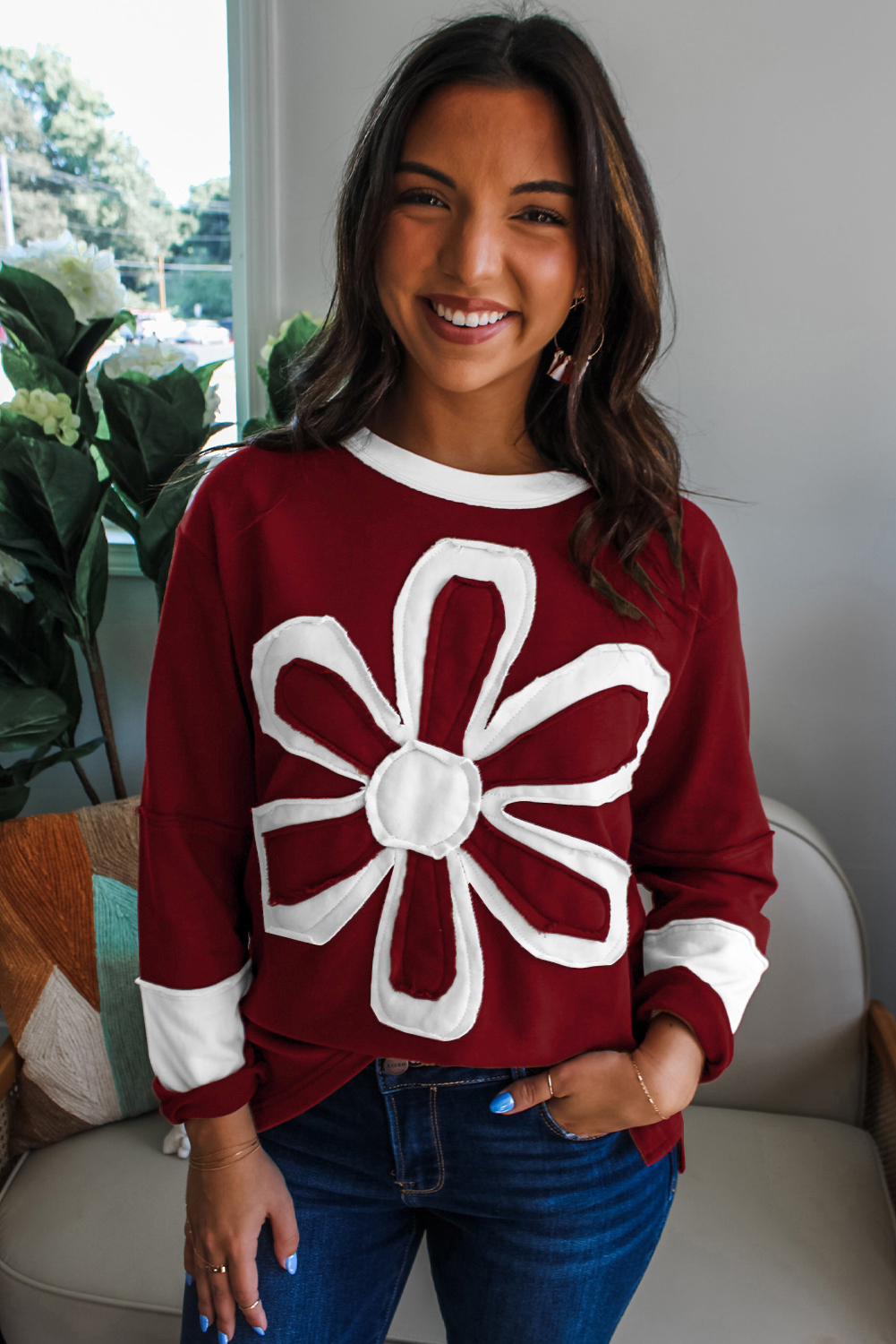 Red Dahlia Cheerful Daisy Flower Patched Round Neck Long Sleeve Top - loveforevers