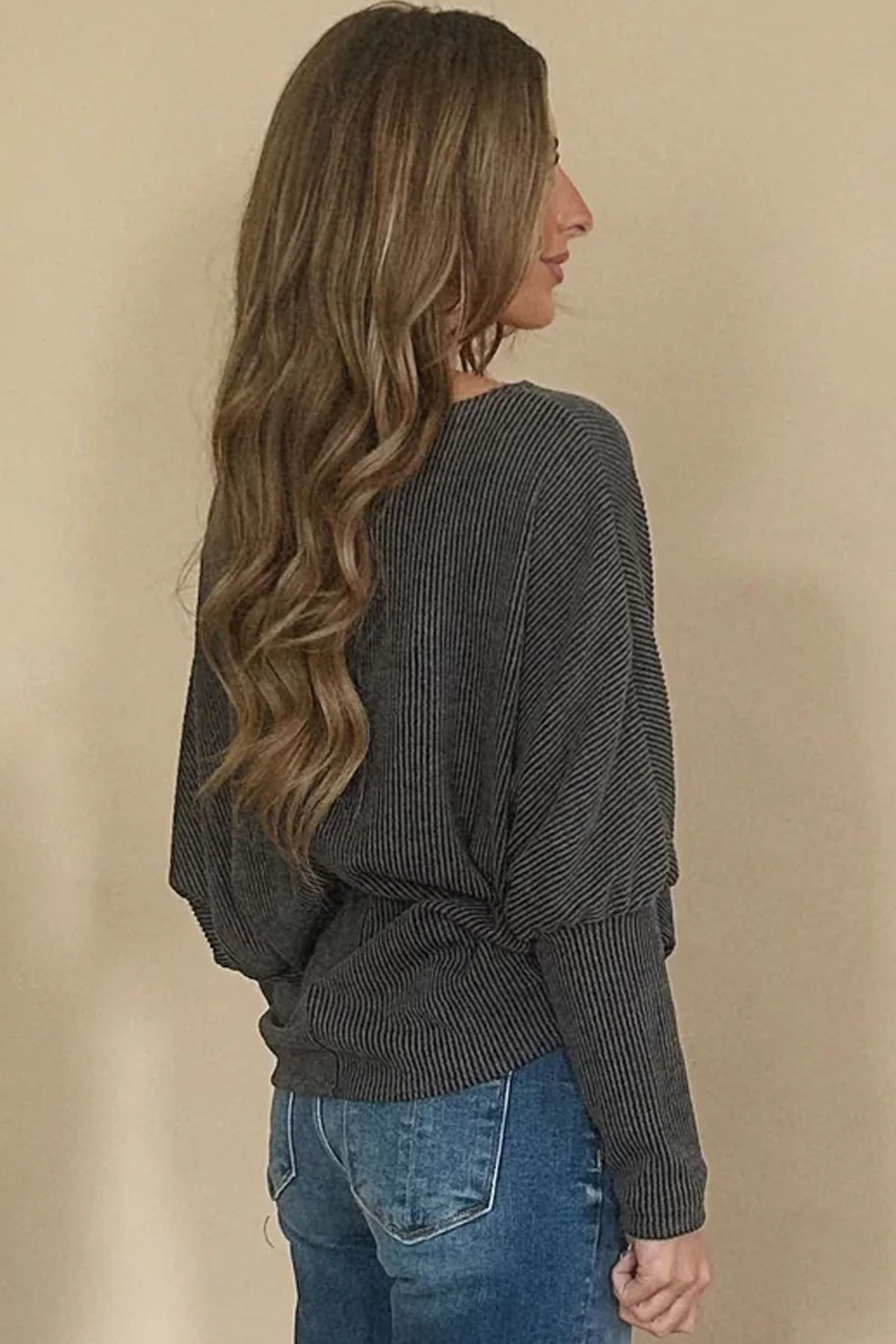 Carbon Grey Twisted Ribbed Dolman Long Sleeve Top - loveforevers