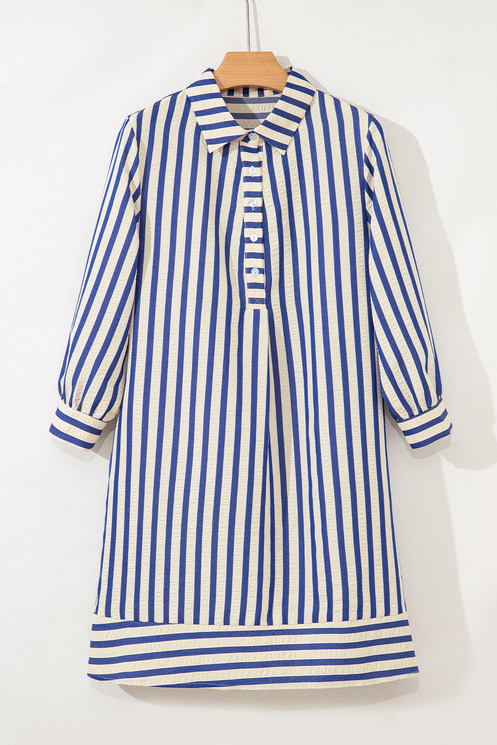 Blue Stripe Collared Half Button Side Pockets Loose Fit Mini Dress - loveforevers