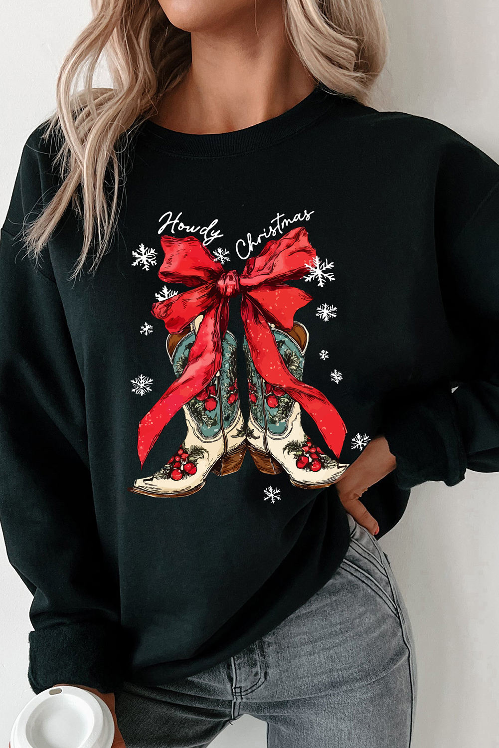 Black Howdy Christmas Ribbon Bow Knot Western Boots Graphic Sweatshirt - loveforevers