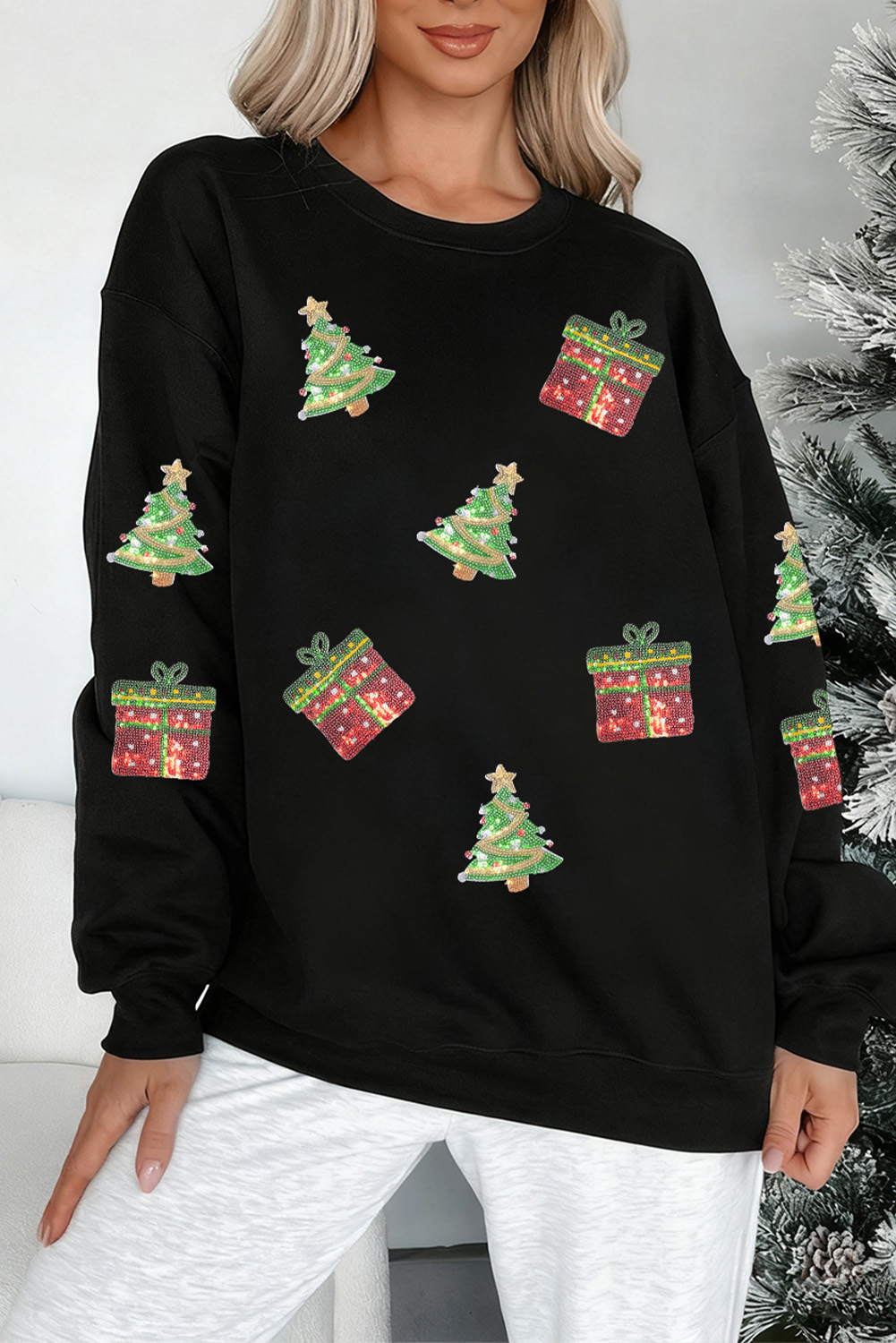 Black Sequin Christmas Trees Gifts Patched Drop Shoulder Sweatshirt - loveforevers
