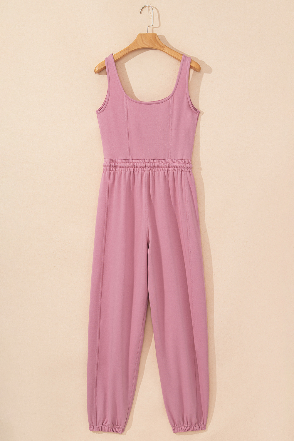 Light Pink Lace-up Elastic Waist Sleeveless Square Neck Jumpsuit - loveforevers