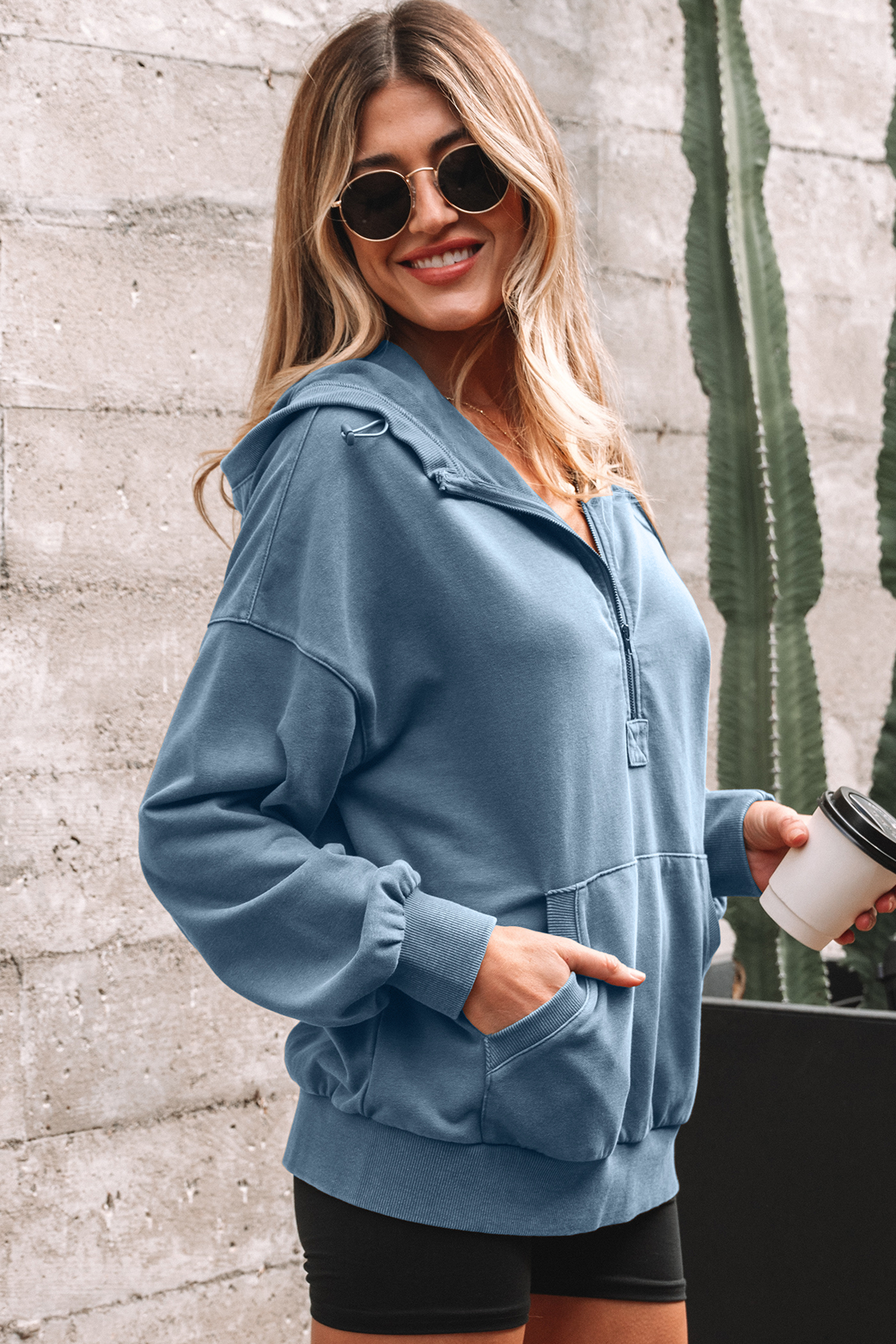 Canton Half Zip Kangaroo Pocket Mineral Wash Baggy Hoodie - loveforevers