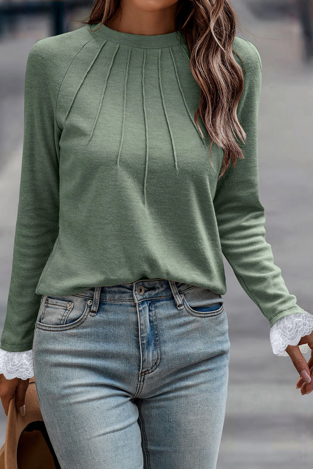 Parchment Seam Detail Lace Contrast Cuffs Raglan Sleeve Top - loveforevers