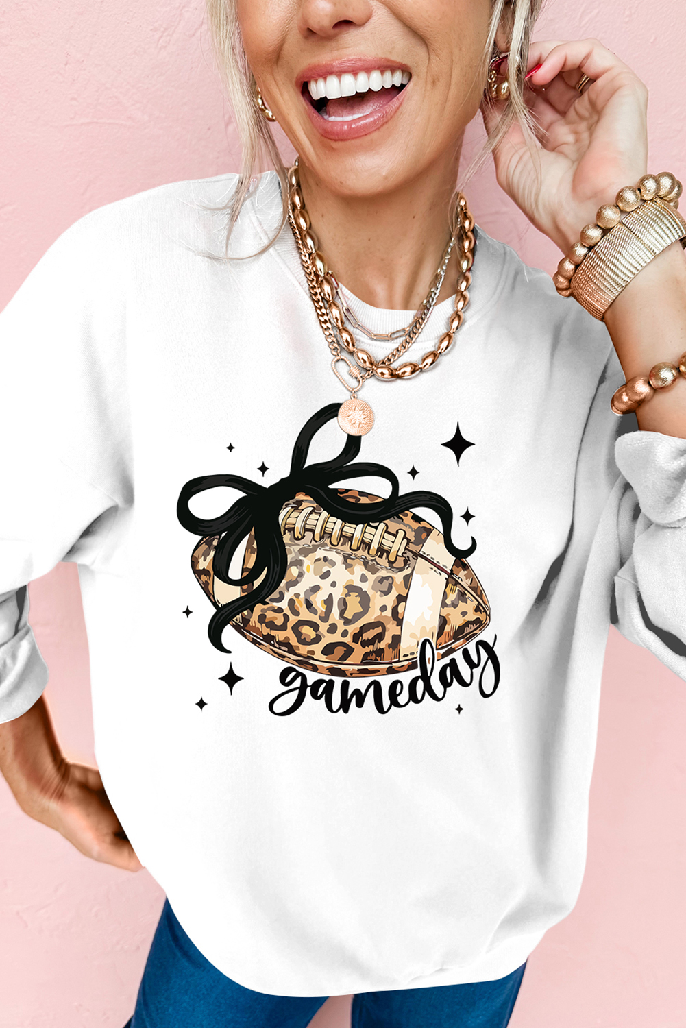 White Game Day Leopard Rugby Graphic Customized Crew Neck Sweatshirt - loveforevers