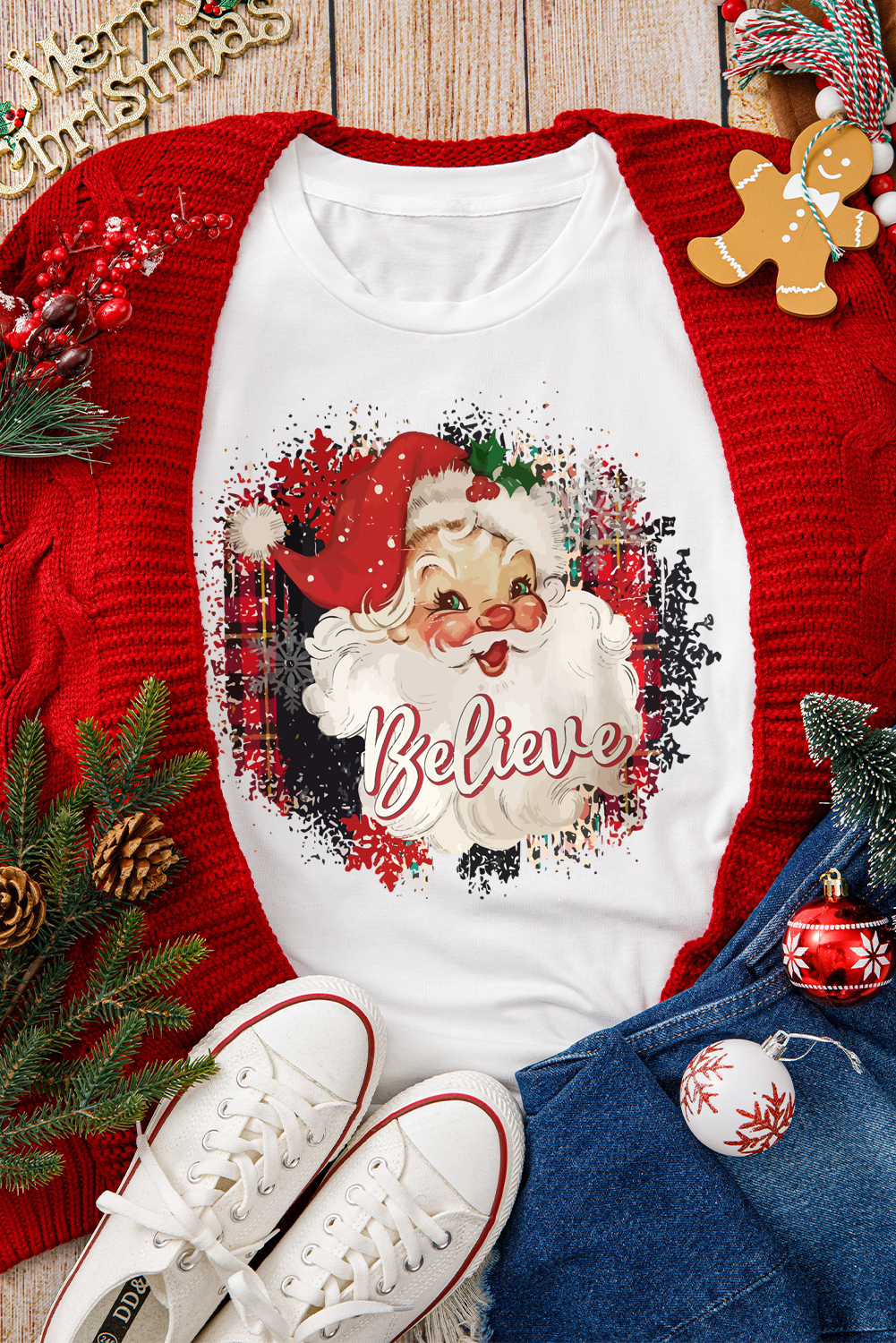 White Believe Christmas Father Graphic Crewneck T Shirt - loveforevers