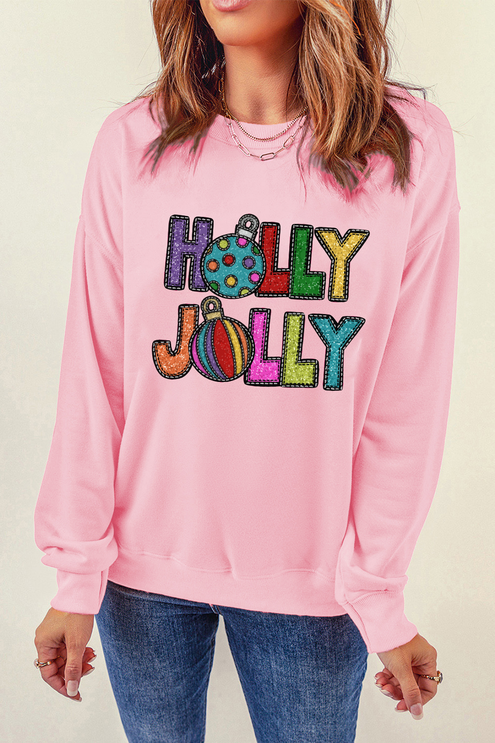 Pink HOLLY JOLLY Christmas Festive Letter Graphic Sweatshirt - loveforevers