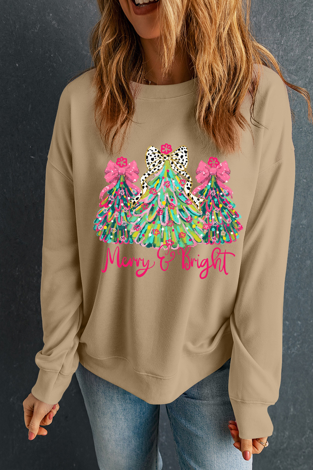 Khaki Merry & Bright Christmas Tree Print Pullover Sweatshirt - loveforevers