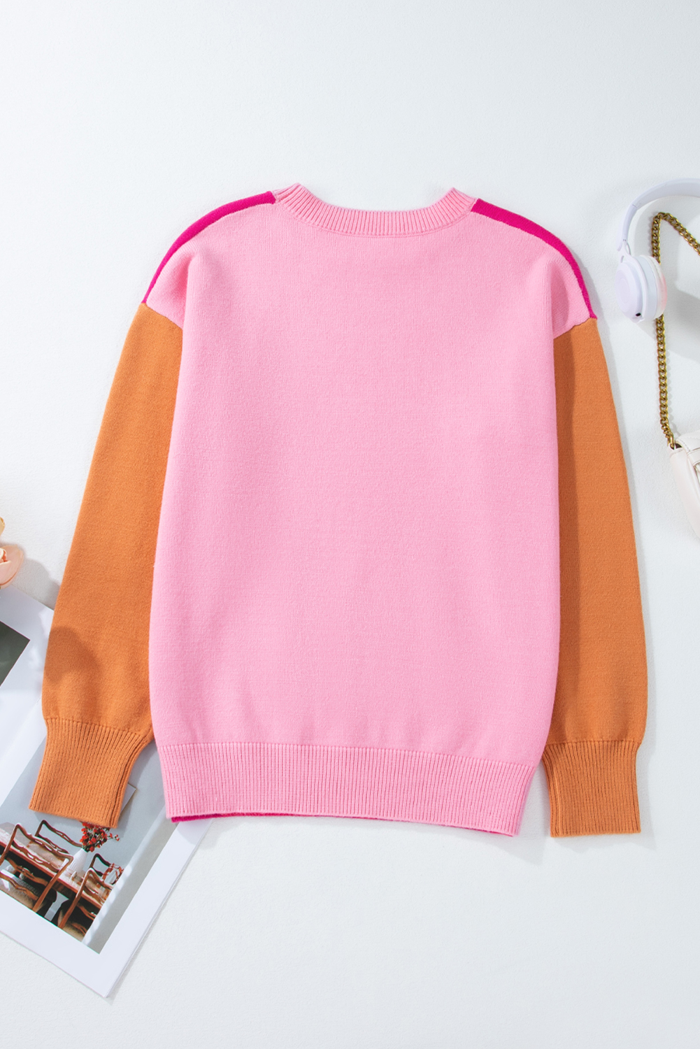 Bonbon Three Tone Contrast Round Neck Loose Sweater - loveforevers