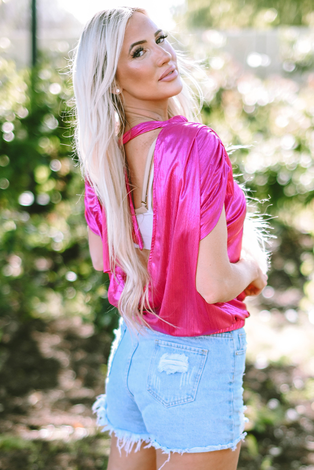 Bright Pink Ruched Sleeves Knotted Backless Blouse - loveforevers
