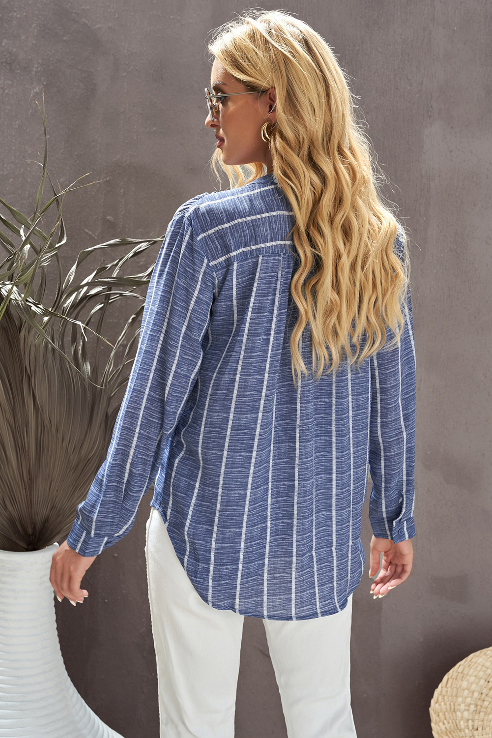 Blue Striped Print V Neck Half Buttons Loose Blouse - loveforevers