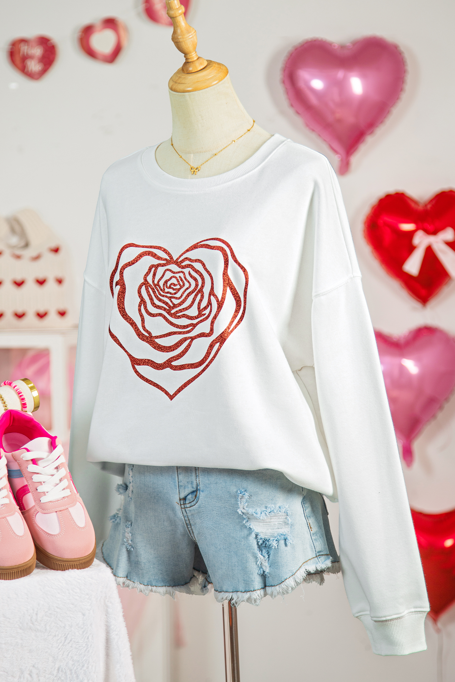 White Love Rose Shimmer Foil Printed Drop Shoulder Sweatshirt - loveforevers