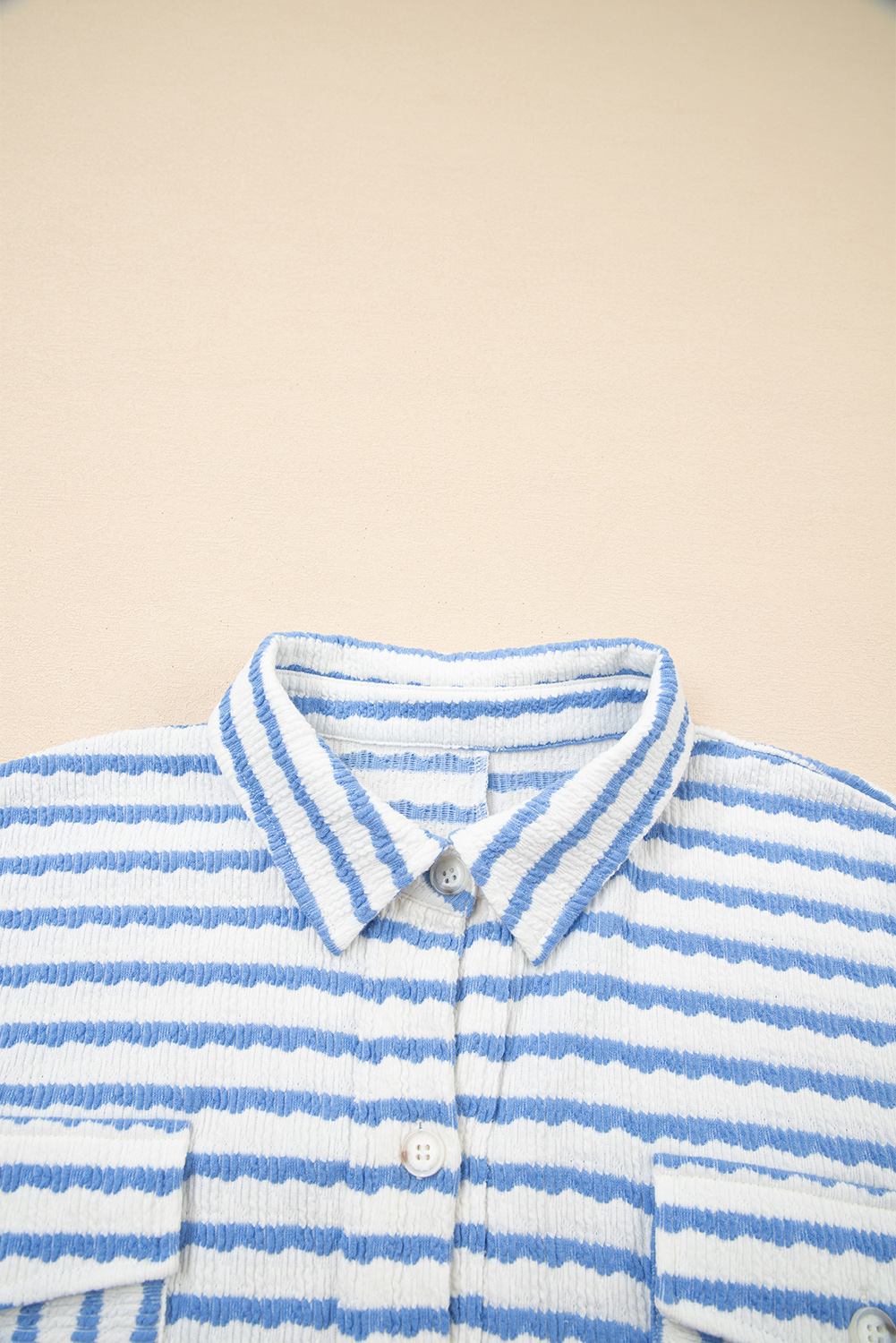 Sky Blue Stripe Half Button Collared Chest Pockets Loose Fit Blouse - loveforevers