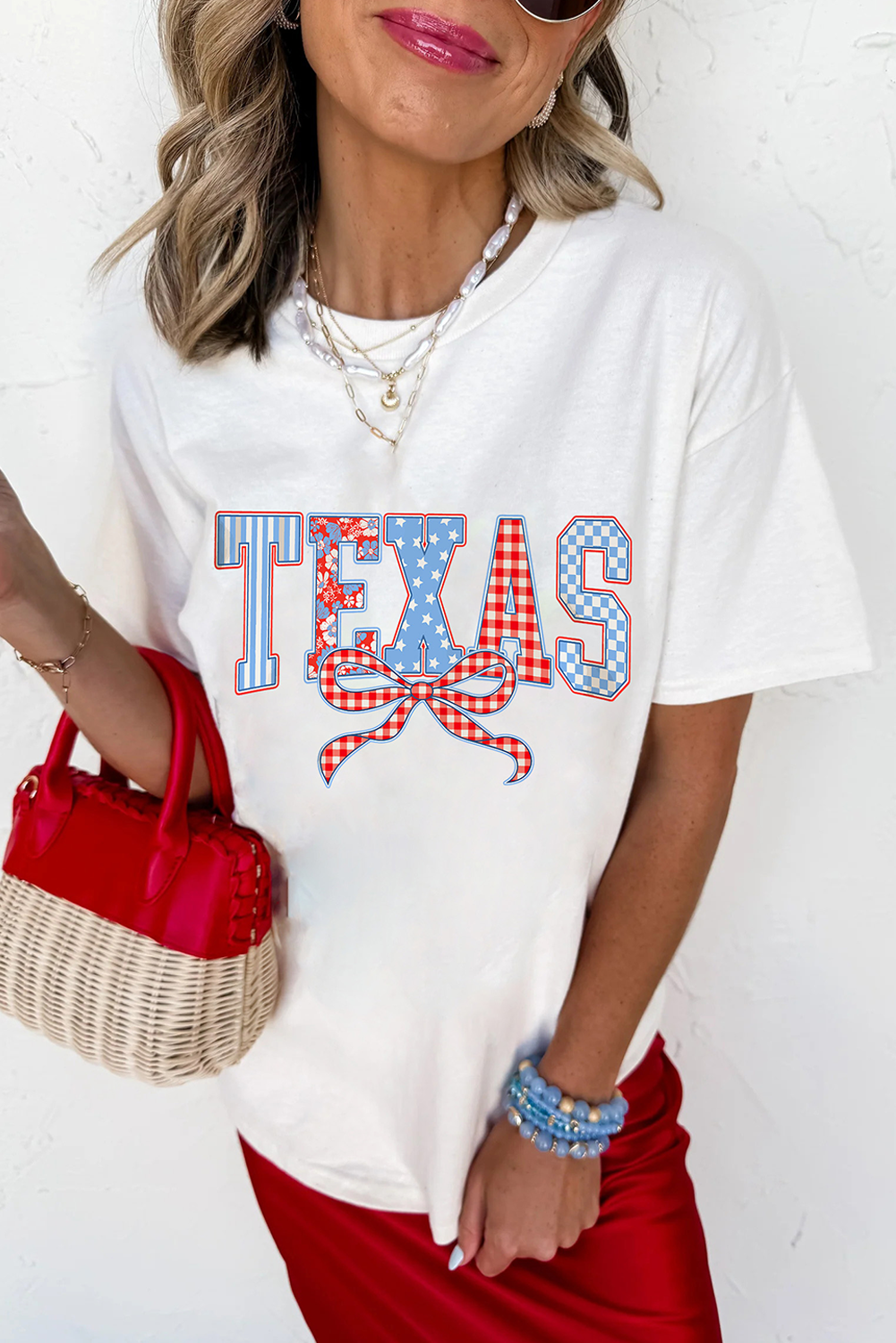 White Independence Day TEXAS Bow Printed T Shirt - loveforevers