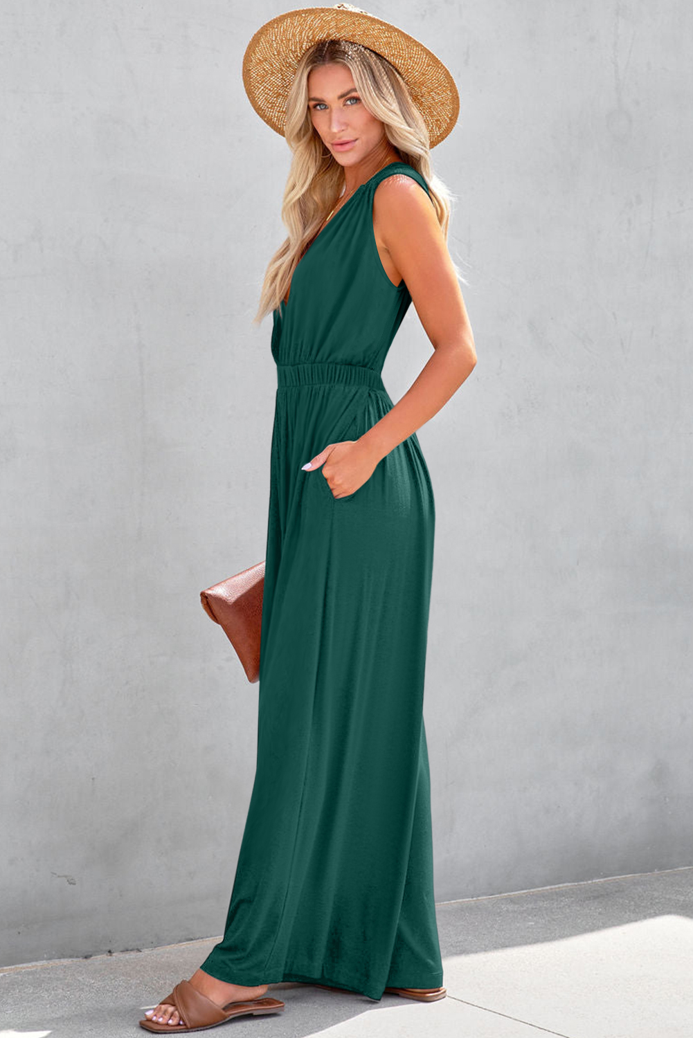 Black Deep V Pleated Crisscross Wide Leg Backless Jumpsuit - loveforevers