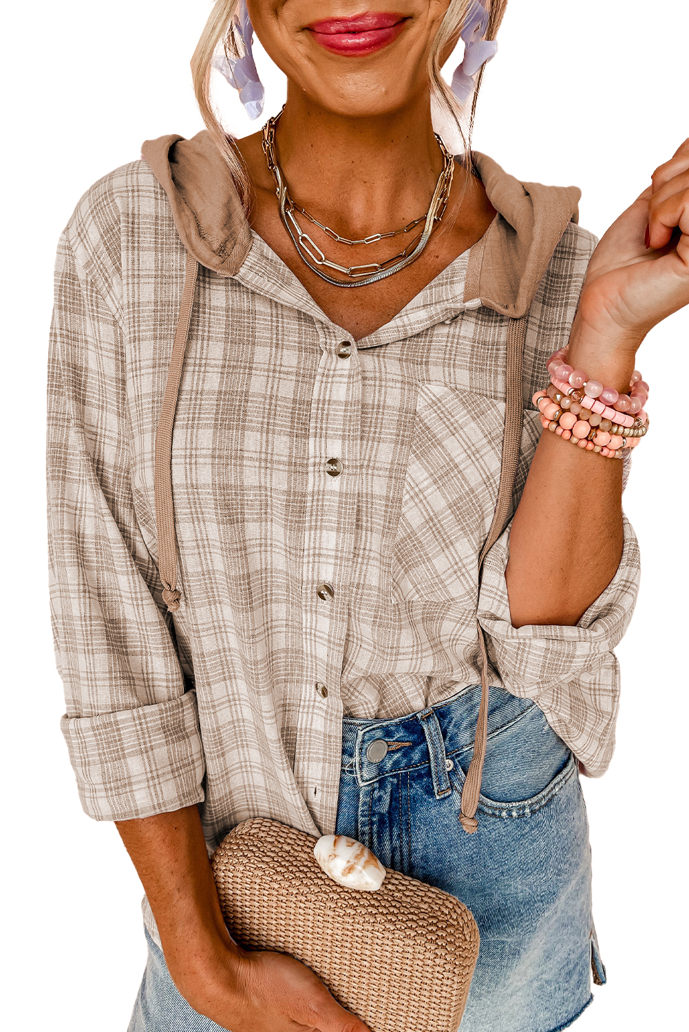 Khaki Checkered Print Loose Fit Buttoned Hooded Shacket - loveforevers