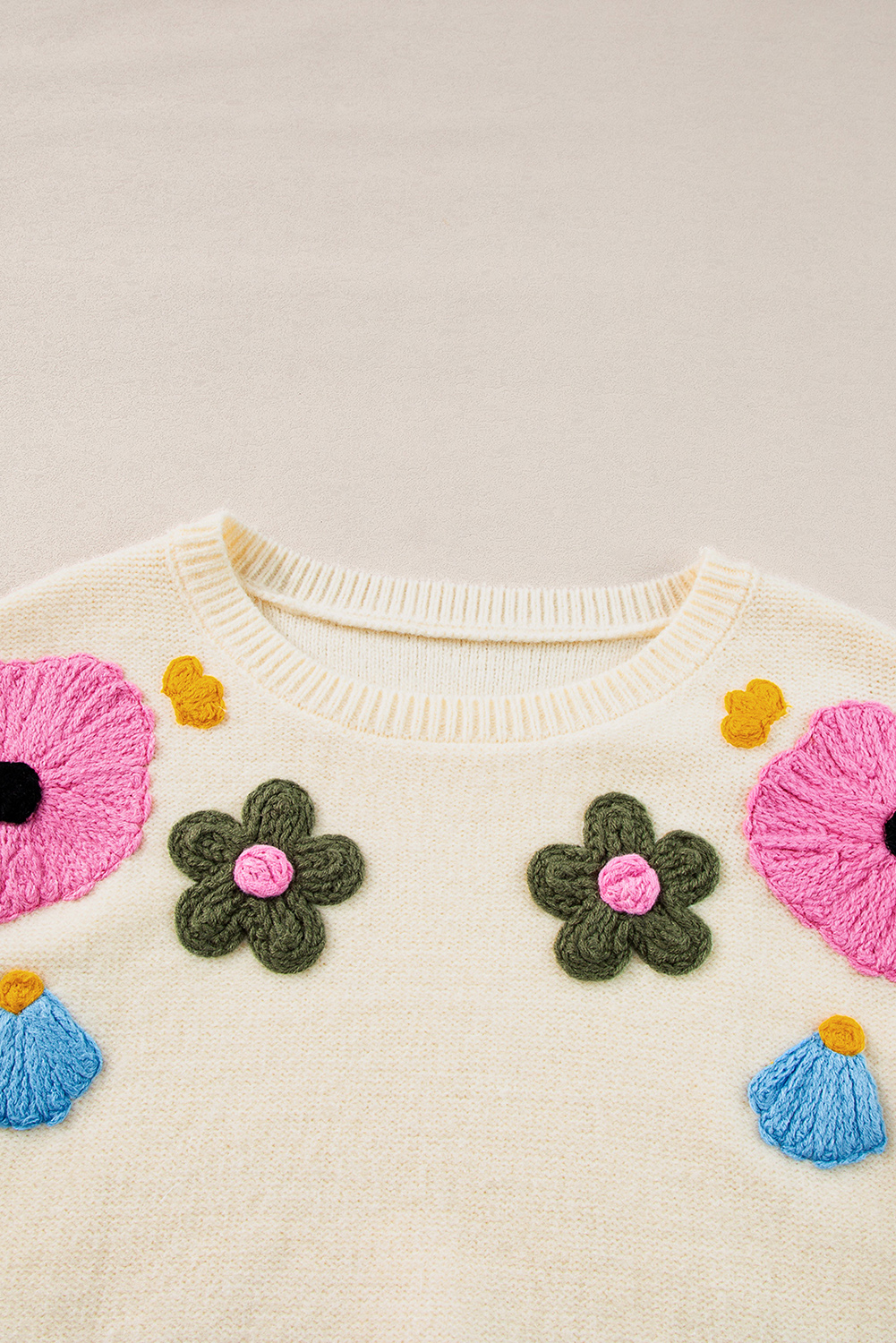 Pink Knitted Flower Pattern Ribbed Edge Sweater - loveforevers