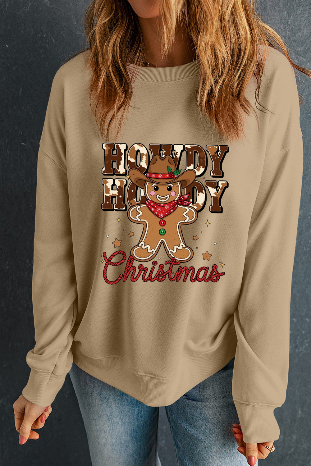 Khaki Howdy Christmas Western Gingerbread Man Pullover Sweatshirt - loveforevers
