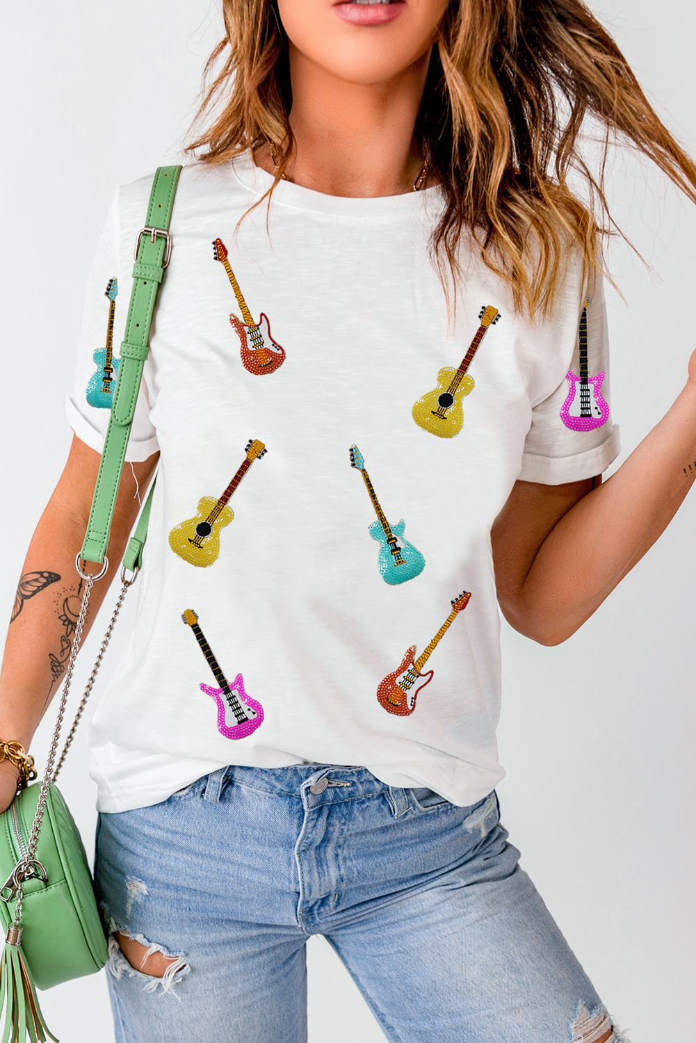 White Guitar Patched Graphic Crew Neck Tee - loveforevers