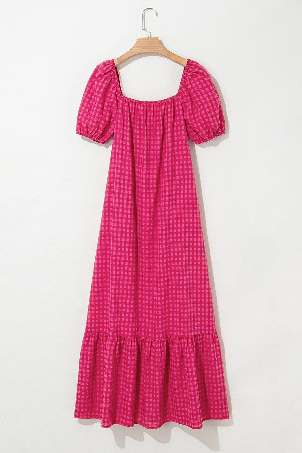 Rose Ginham Check Bubble Sleeve Ruffled Maxi Dress - loveforevers