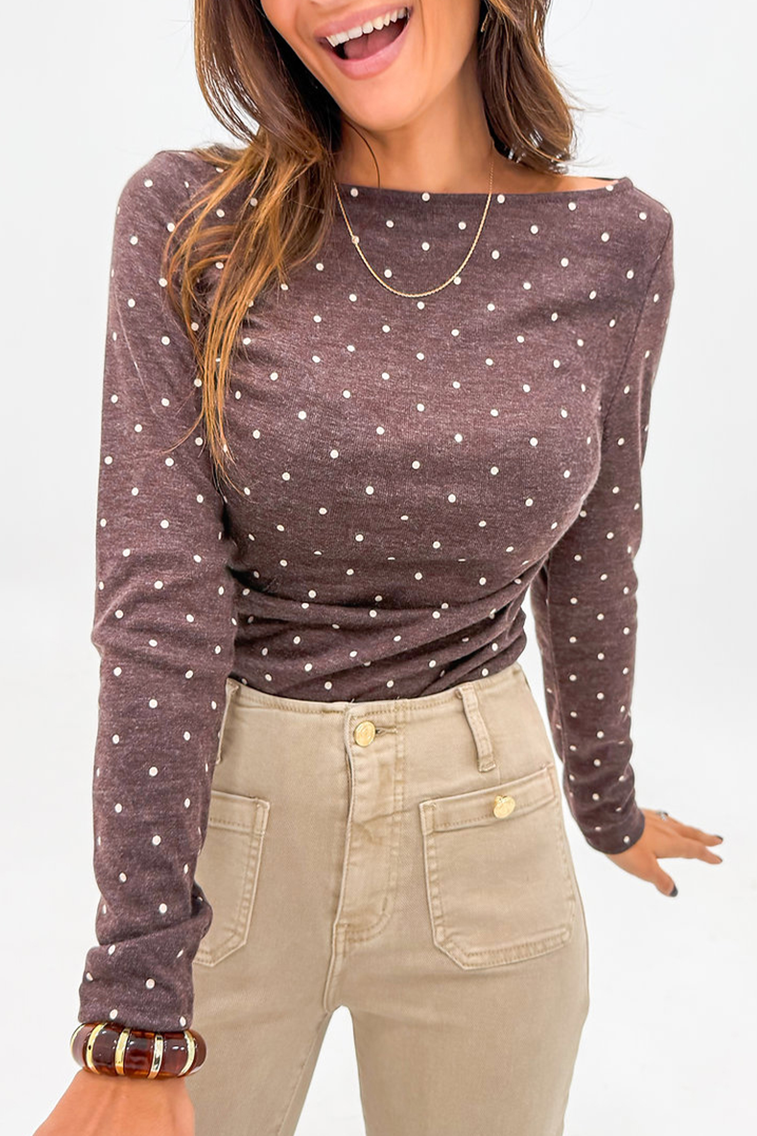 Jet Stream Polka Dot Boat Neck Knit Long Sleeve T Shirt - loveforevers
