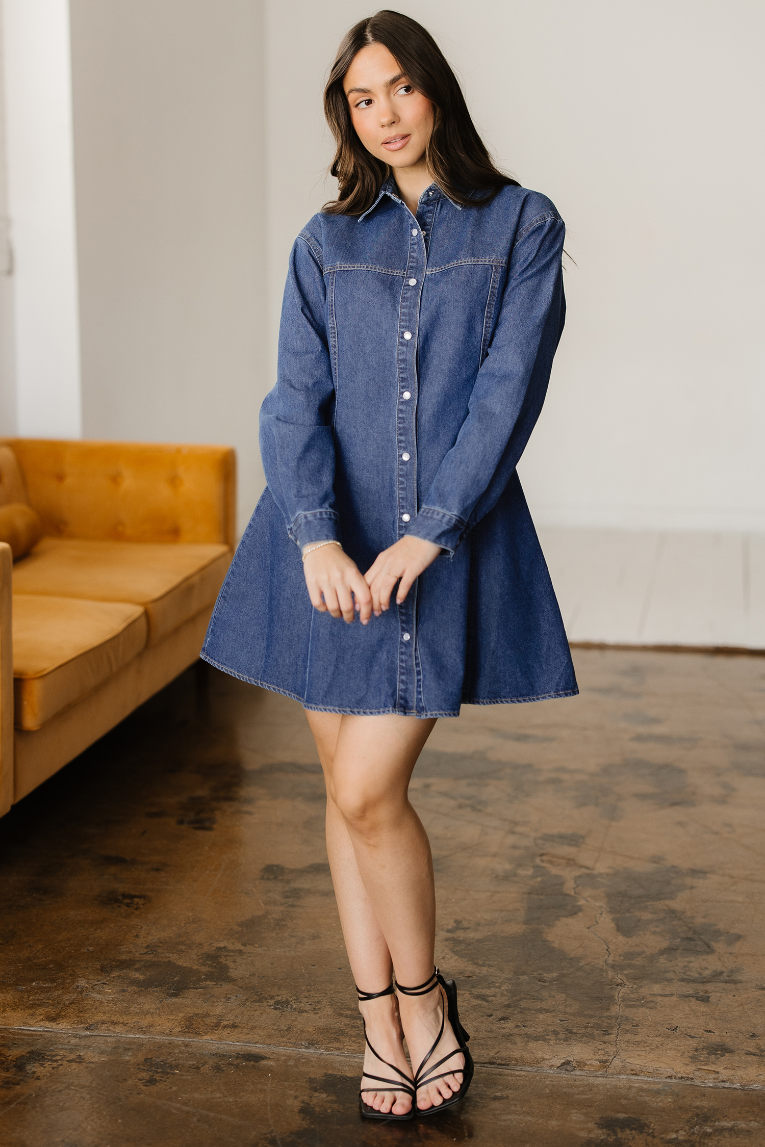 Ashleigh Blue Denim Shirt Collar Long Sleeve Flared Mini Dress - loveforevers